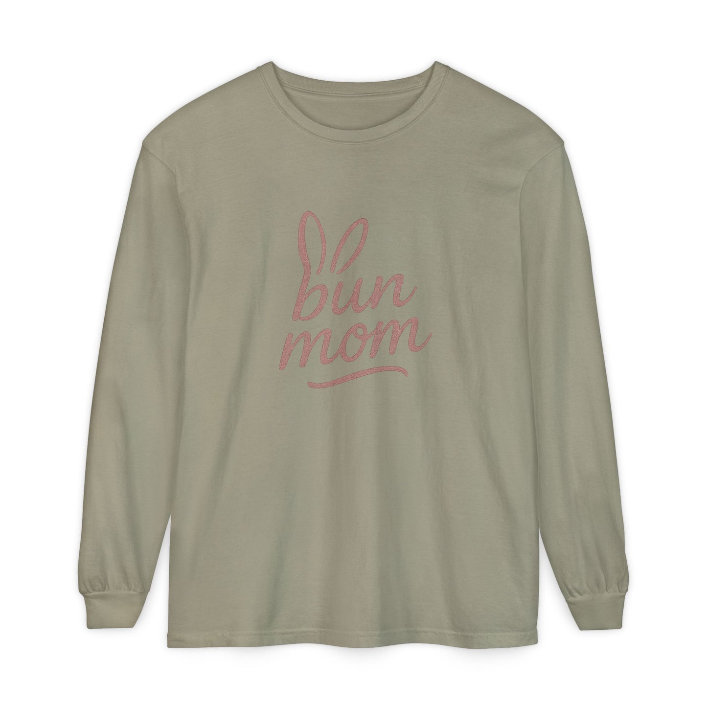 Bun Mom Long Sleeve T-Shirt | Rabbit Ears Vintage Dusty Rose Ink Script Tee - Bunny Lovers Gift Idea