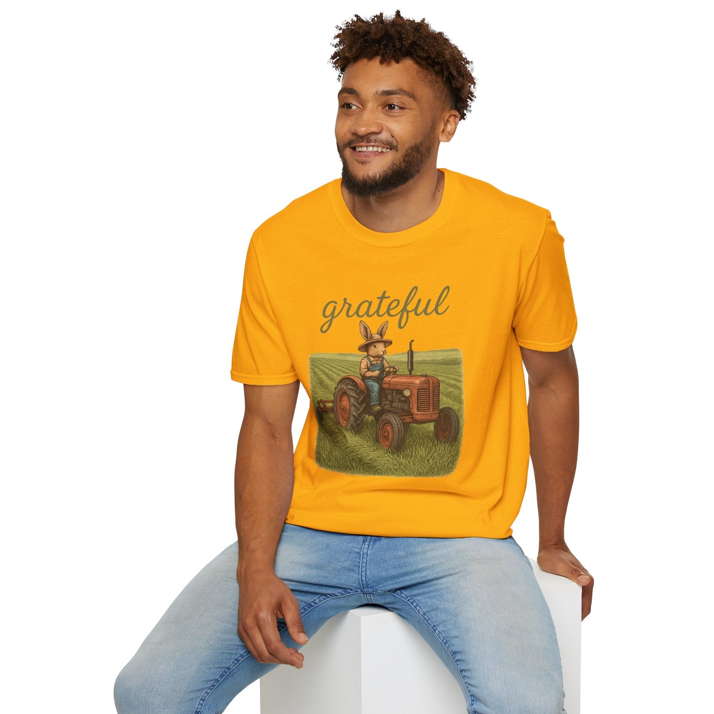 Grateful Acres Tractor Bunny Tee - Unisex Softstyle T-Shirt - Country Apparel - Farm Life Tee - Gift for Farmers & Rabbit Owners