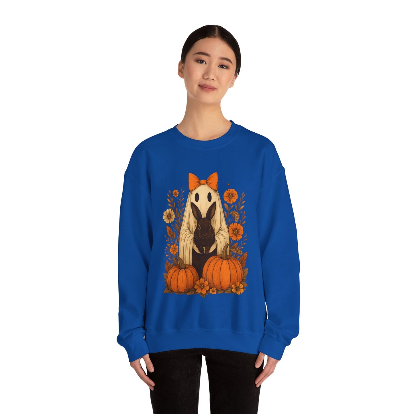 Vintage Black Rabbit with Pumpkins & Florals - Ghostly Garden Bunny Halloween Sweatshirt – Autumn Ghost Crewneck - Cozy Cute Gift