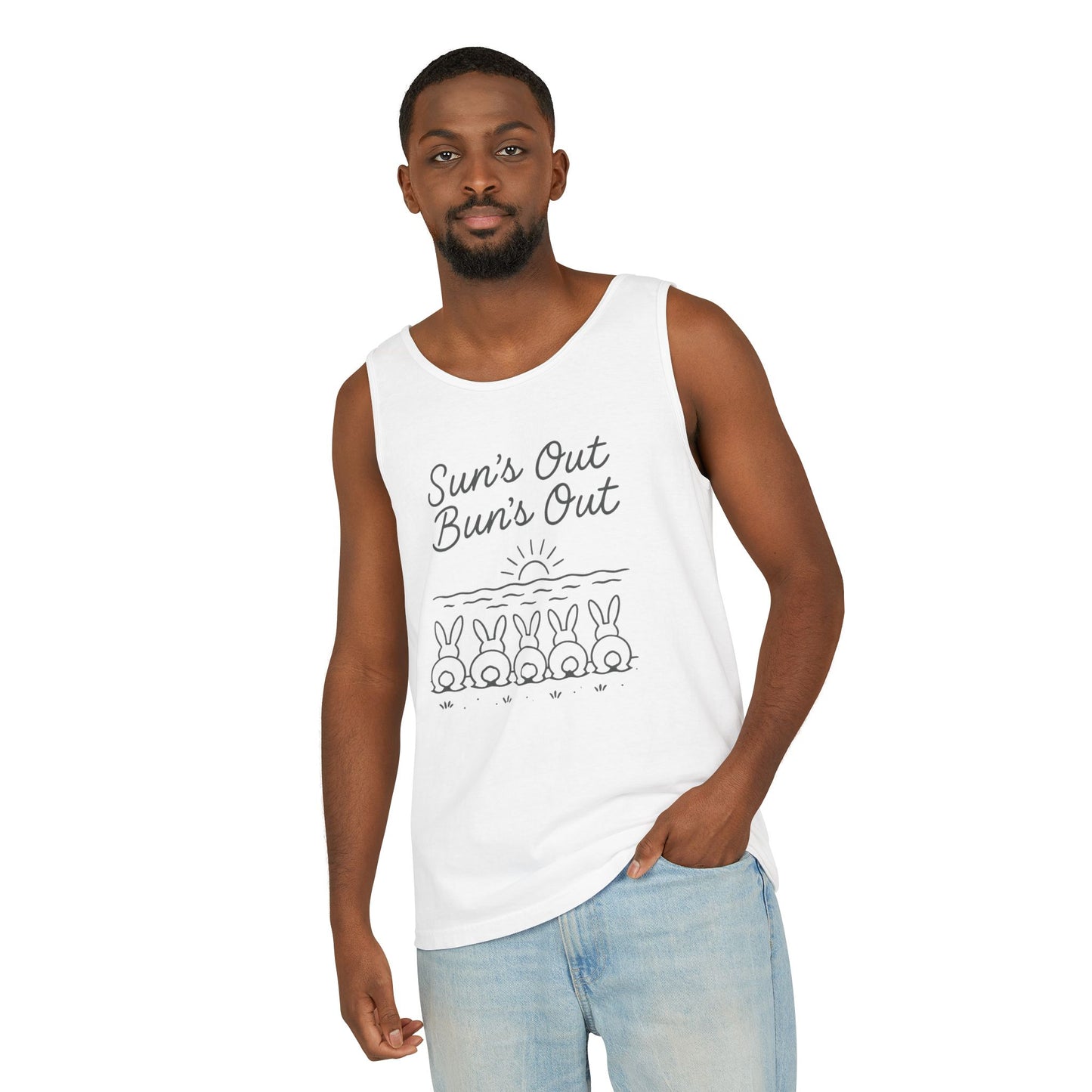 Sun's Out, Bun’s Out Tank Top – Funny Bunny Bums Summer Tee - Unisex Garment-Dyed | Beach Vibes - Vacation Apparel