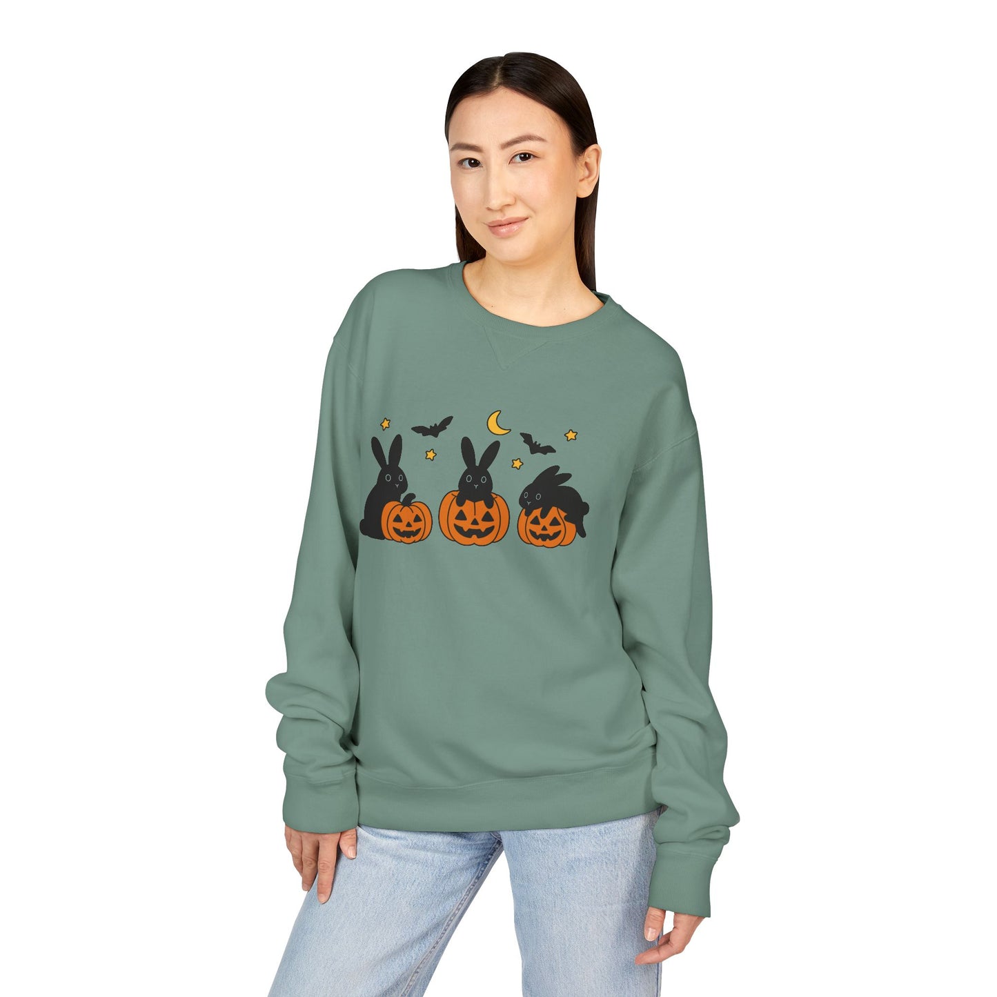 Pumpkin Patch Bunnies Halloween Sweatshirt – Rabbit & Jack-o’-Lantern Crewneck | Cozy Fall Fashion Unisex Apparel - Spooky Season Gift