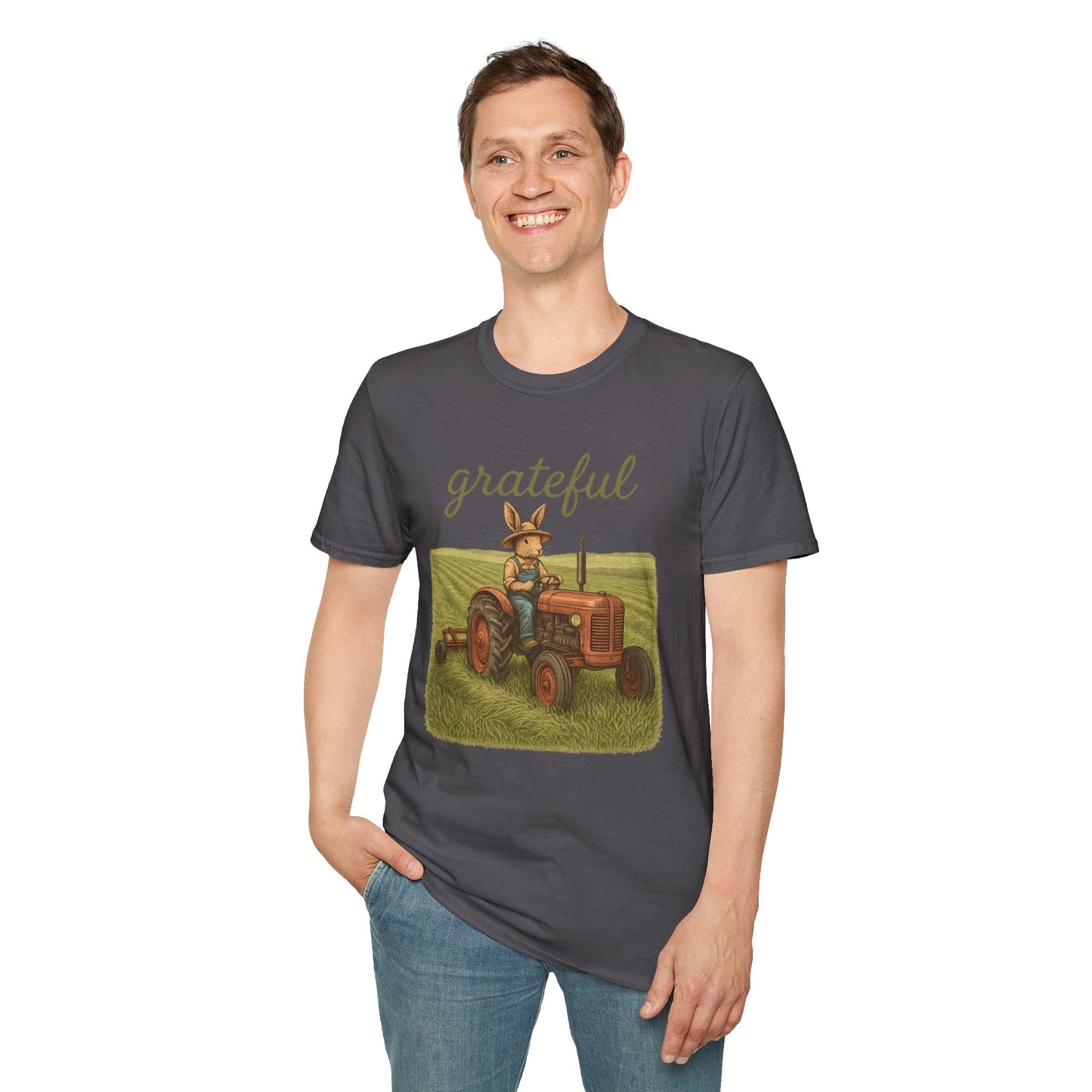 Grateful Acres Tractor Bunny Tee - Unisex Softstyle T-Shirt - Country Apparel - Farm Life Tee - Gift for Farmers & Rabbit Owners