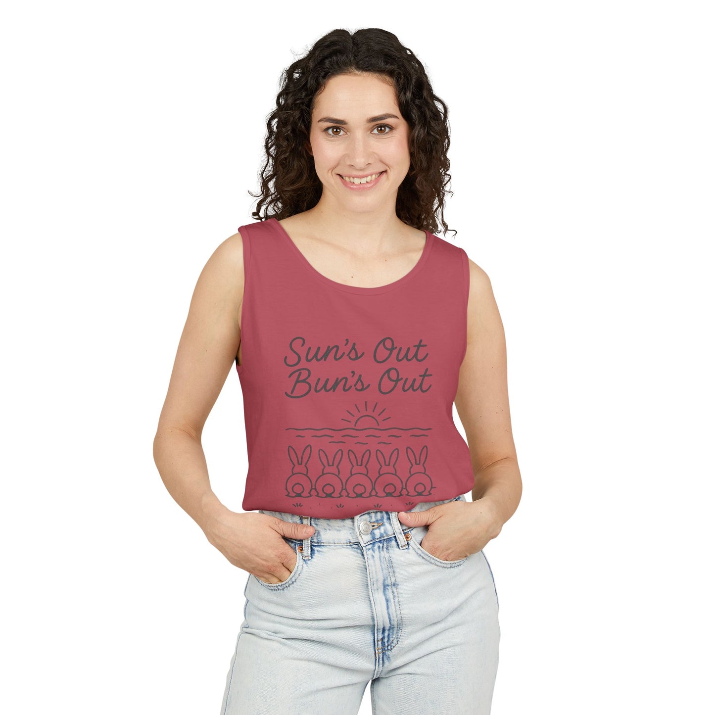 Sun's Out, Bun’s Out Tank Top – Funny Bunny Bums Summer Tee - Unisex Garment-Dyed | Beach Vibes - Vacation Apparel
