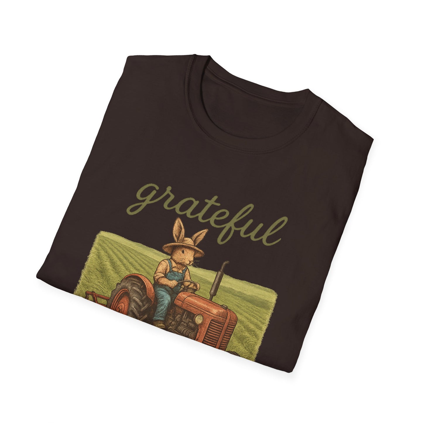 Grateful Acres Tractor Bunny Tee - Unisex Softstyle T-Shirt - Country Apparel - Farm Life Tee - Gift for Farmers & Rabbit Owners