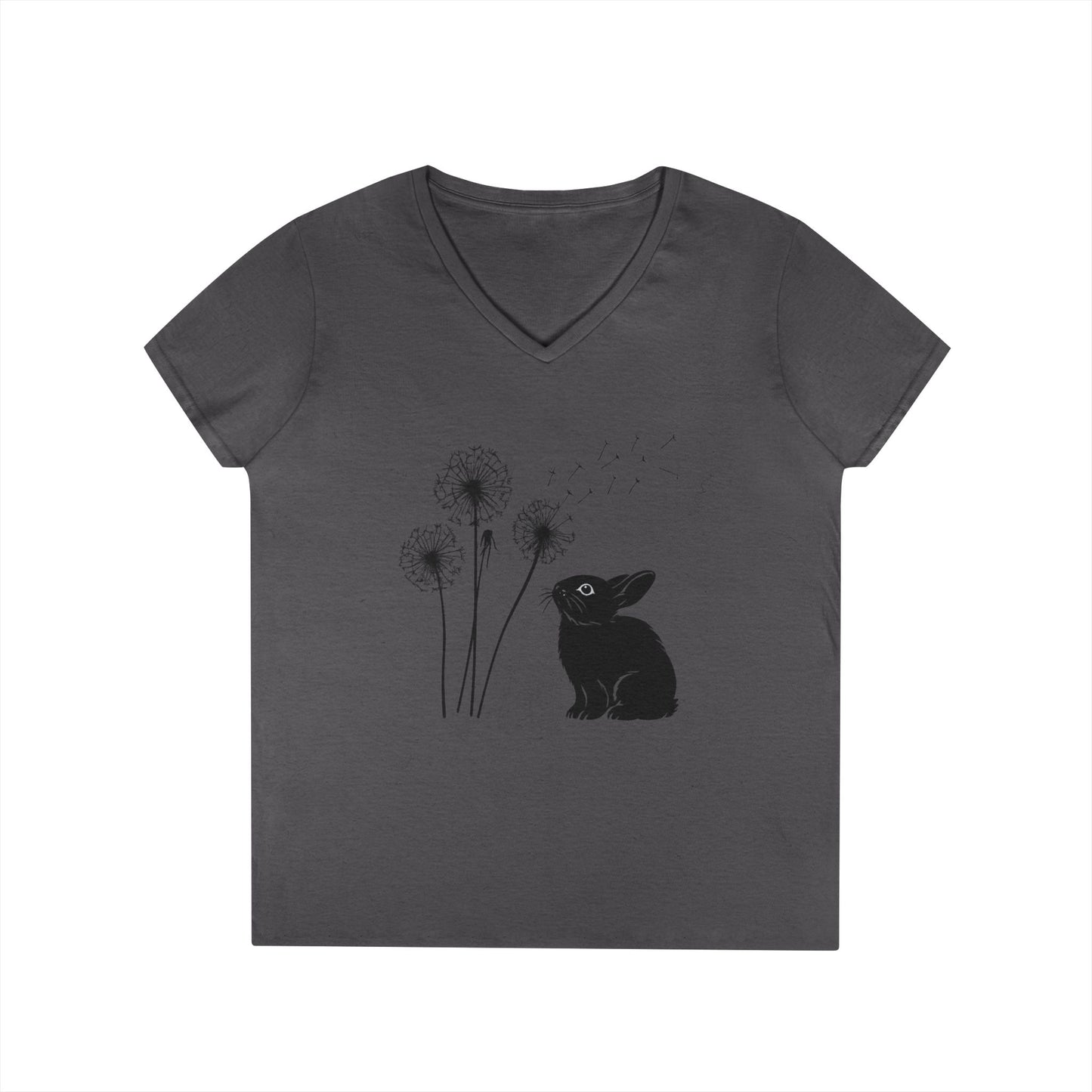 Wishful Whiskers Bunny & Dandelion V-Neck Tee – Cuniculture Club Original Whimsical Rabbit Shirt - Floral Dandelion Fashion - Nature Lover Gift