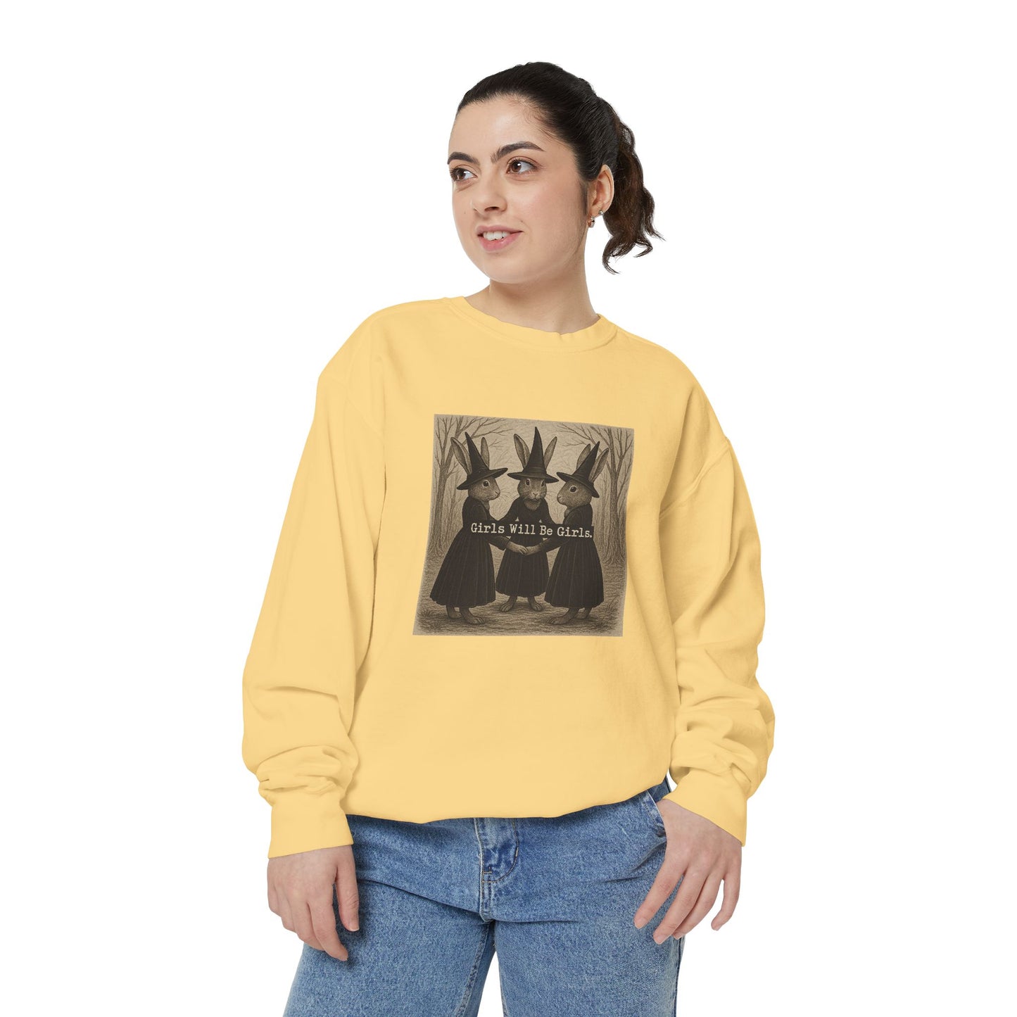 Girls Will Be Girls Rabbit Witch Circle – Garment-Dyed Bunny Sweatshirt | Halloween & Fall Collection