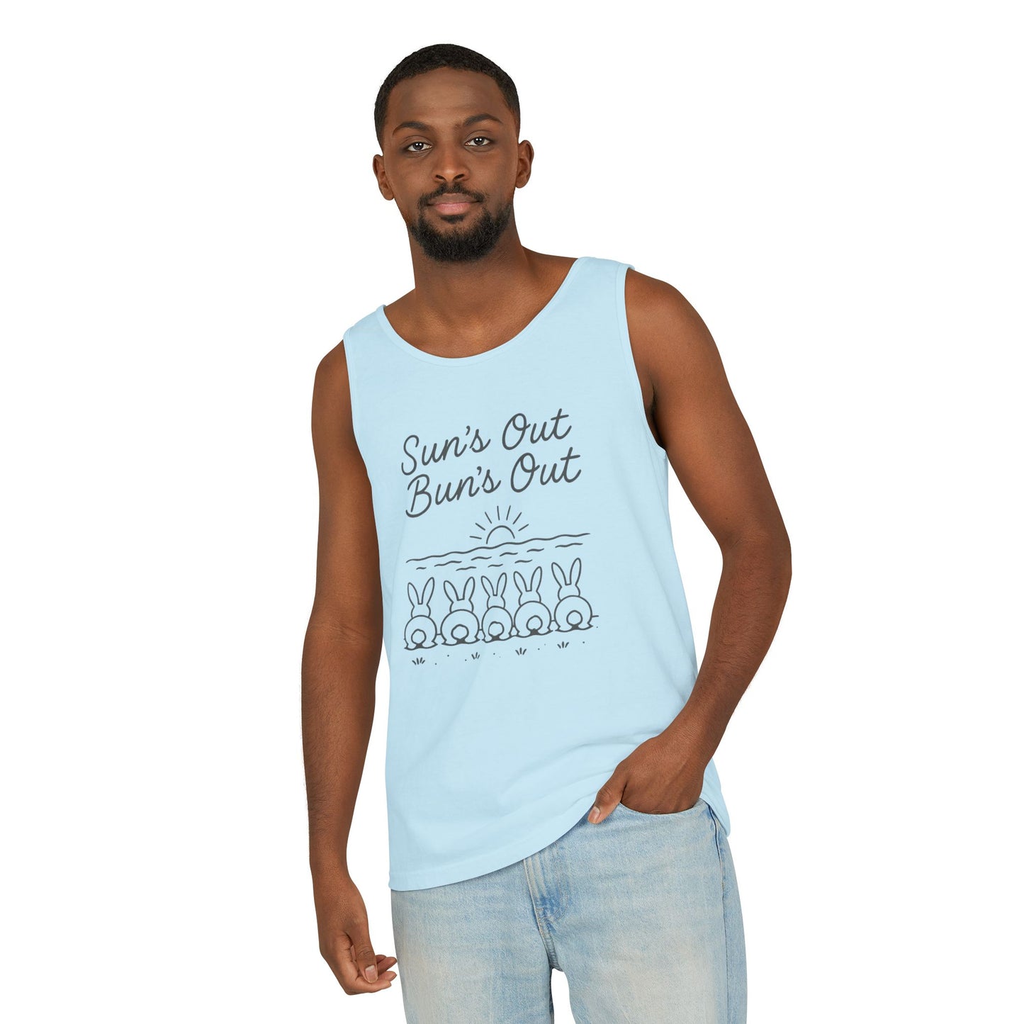 Sun's Out, Bun’s Out Tank Top – Funny Bunny Bums Summer Tee - Unisex Garment-Dyed | Beach Vibes - Vacation Apparel