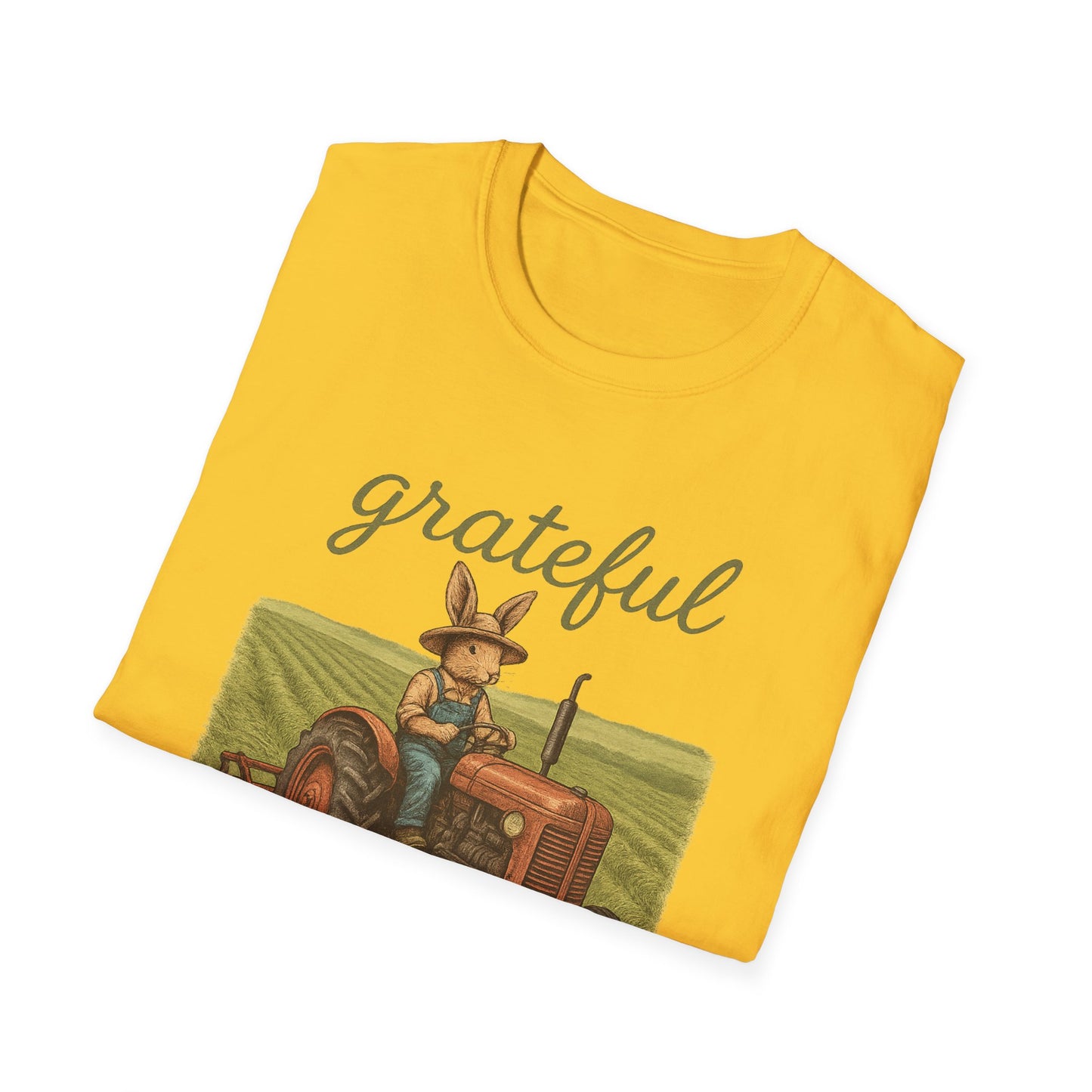 Grateful Acres Tractor Bunny Tee - Unisex Softstyle T-Shirt - Country Apparel - Farm Life Tee - Gift for Farmers & Rabbit Owners