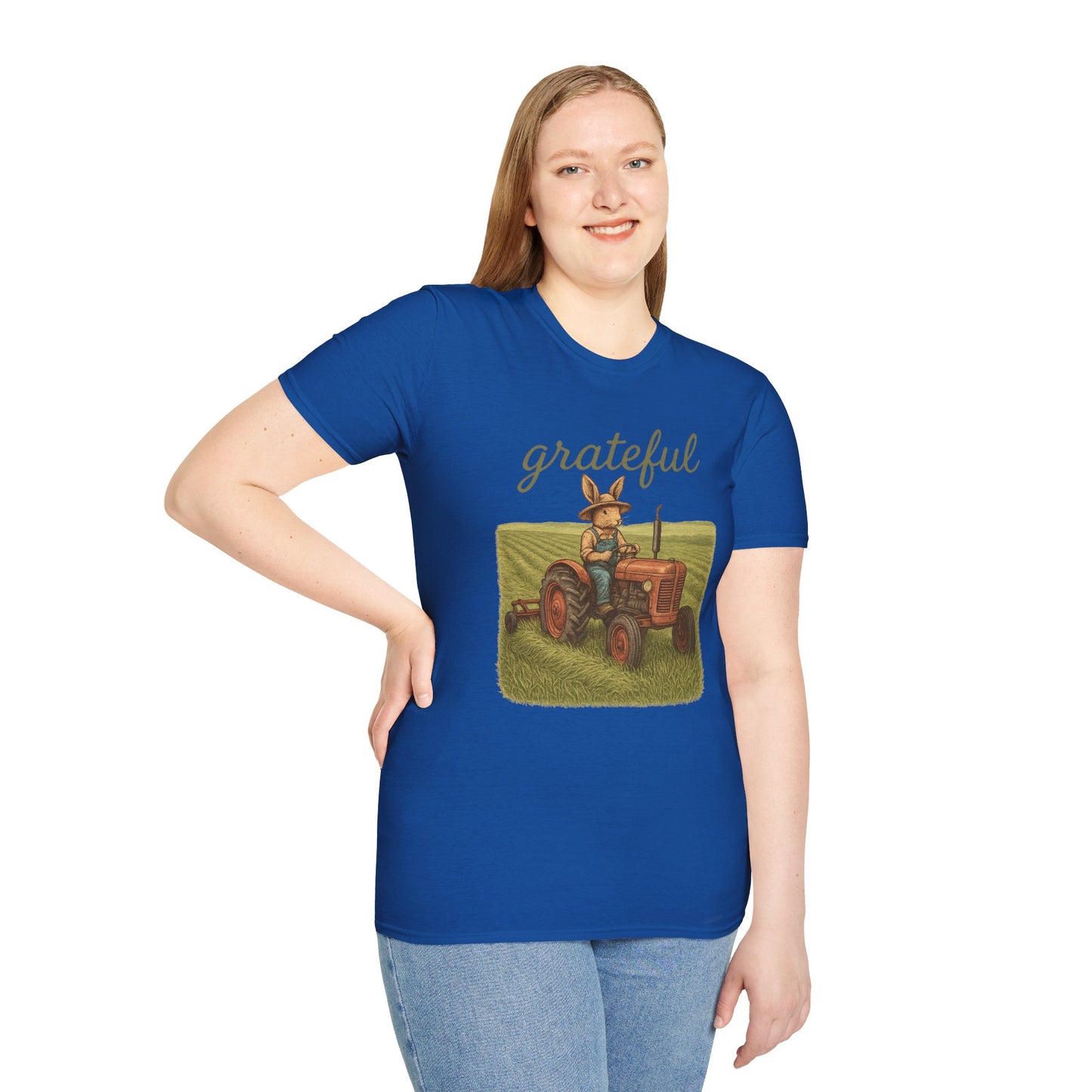Grateful Acres Tractor Bunny Tee - Unisex Softstyle T-Shirt - Country Apparel - Farm Life Tee - Gift for Farmers & Rabbit Owners