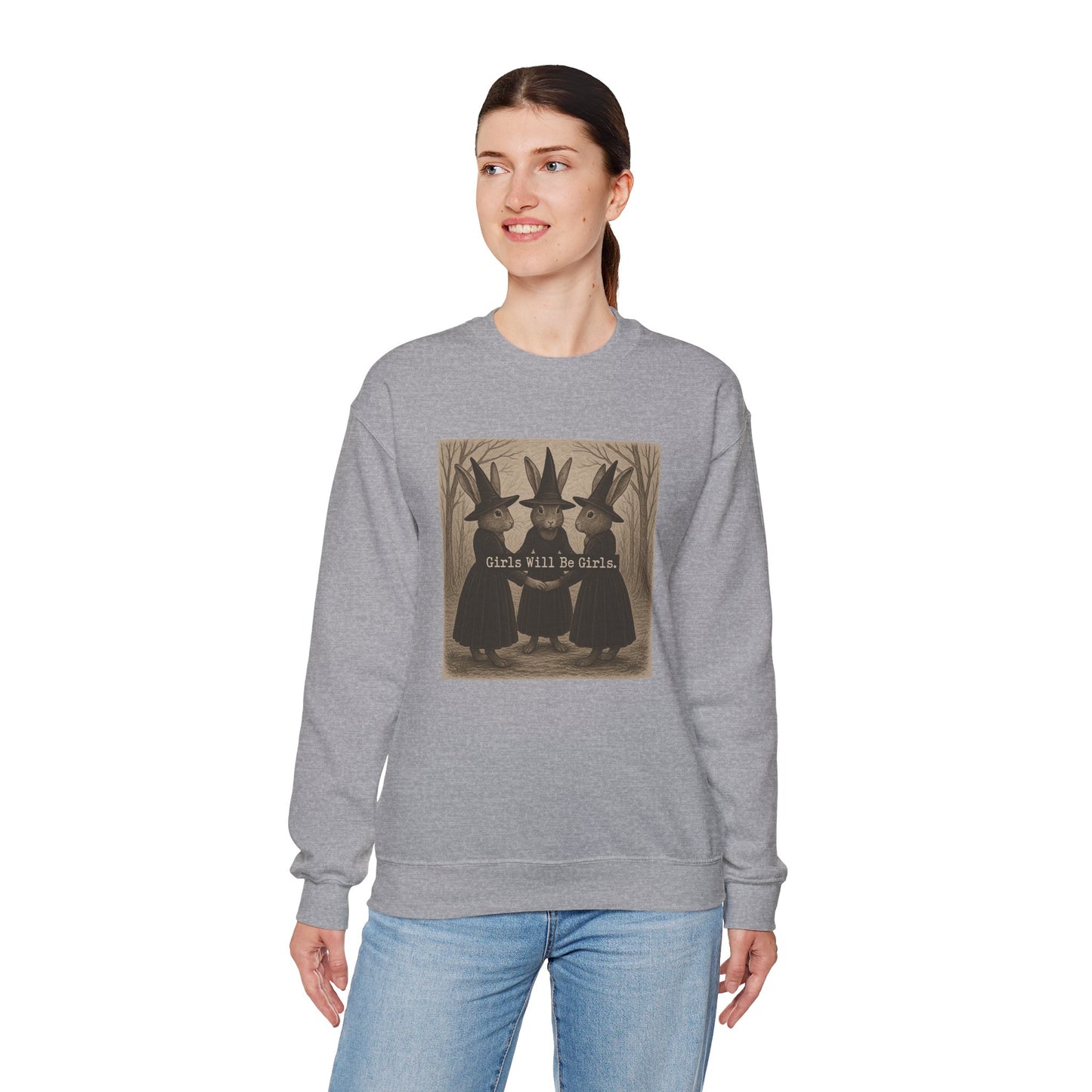 Girls Will Be Girls – Witchy Rabbit Crewneck Sweatshirt | Cozy Whimsical Rabbit Sweatshirt for Girls & Women - Halloween & Fall Collection