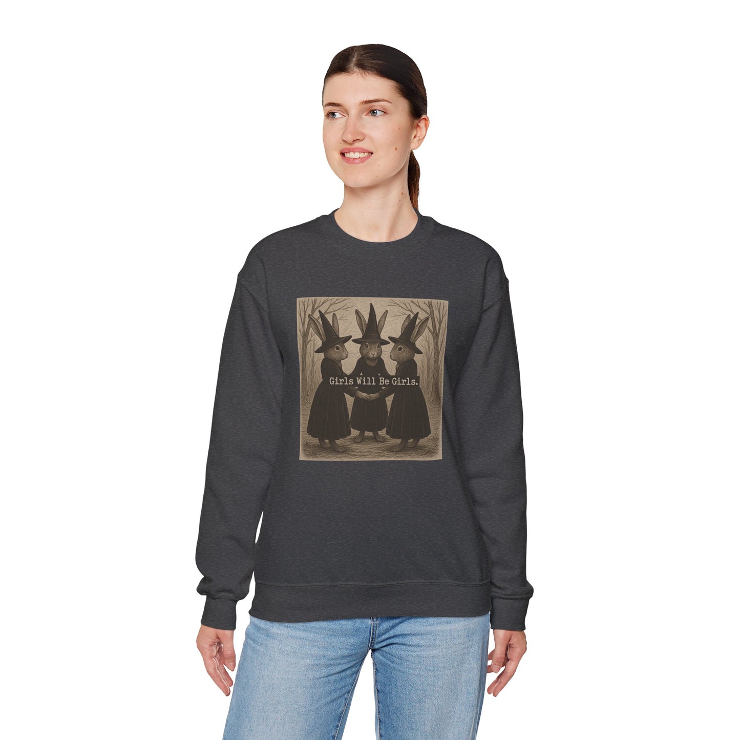 Girls Will Be Girls – Witchy Rabbit Crewneck Sweatshirt | Cozy Whimsical Rabbit Sweatshirt for Girls & Women - Halloween & Fall Collection
