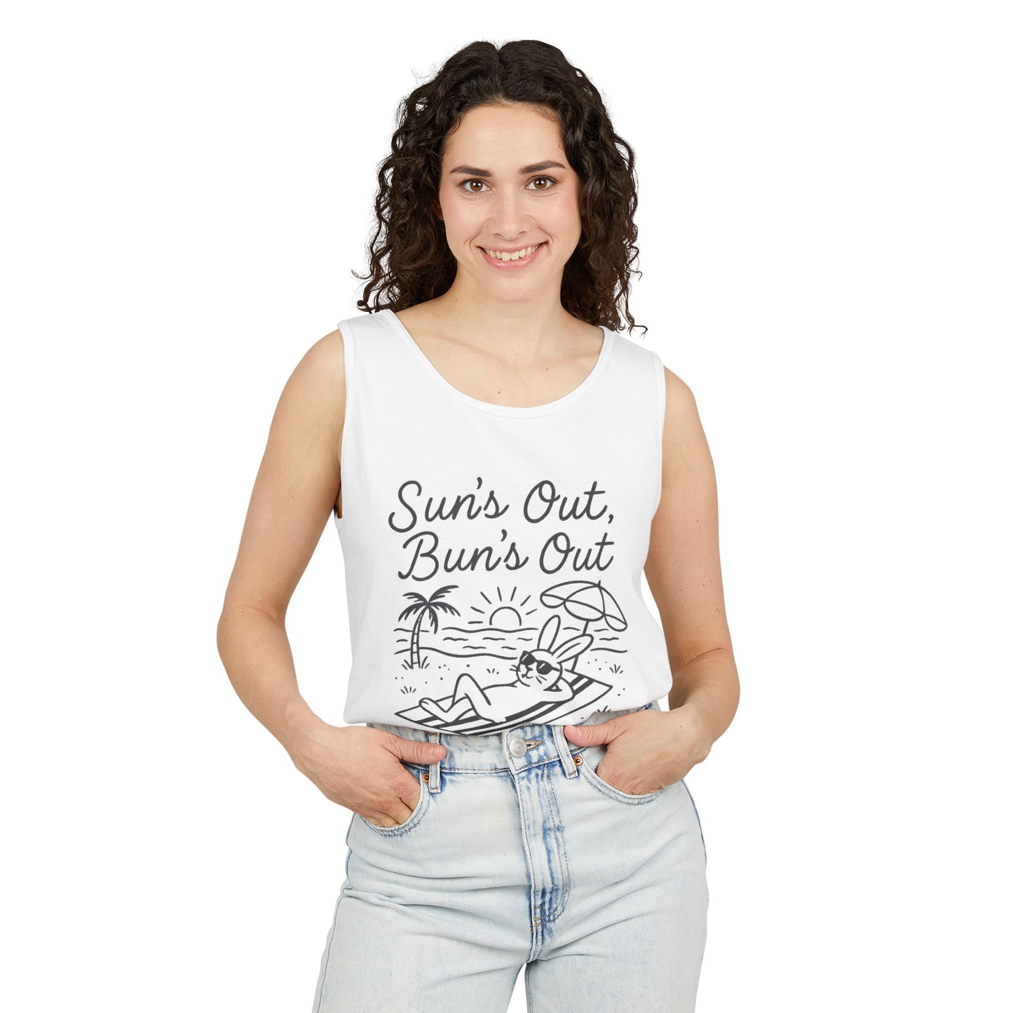 Sun’s Out, Bun’s Out Chill Beach Bunny Tank Top - Unisex Garment-Dyed Tee | Summer Rabbit Vibes - Beach Wear - Vacation Apparel
