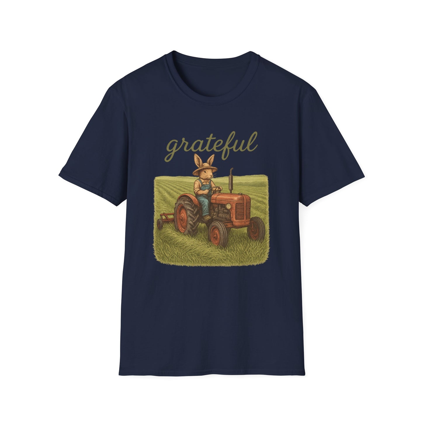 Grateful Acres Tractor Bunny Tee - Unisex Softstyle T-Shirt - Country Apparel - Farm Life Tee - Gift for Farmers & Rabbit Owners