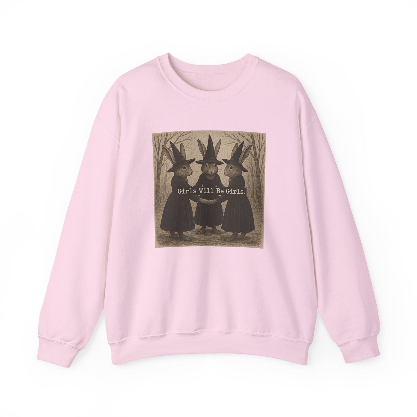 Girls Will Be Girls – Witchy Rabbit Crewneck Sweatshirt | Cozy Whimsical Rabbit Sweatshirt for Girls & Women - Halloween & Fall Collection