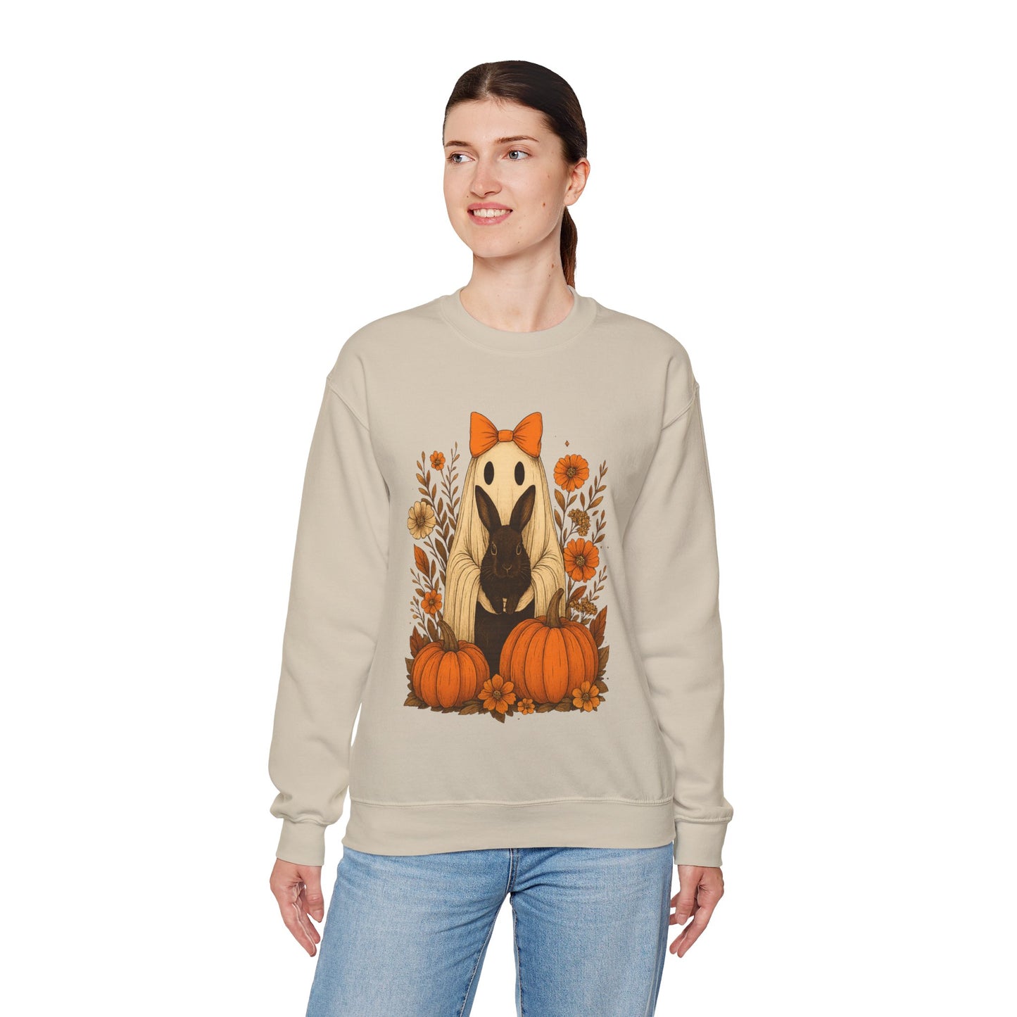 Vintage Black Rabbit with Pumpkins & Florals - Ghostly Garden Bunny Halloween Sweatshirt – Autumn Ghost Crewneck - Cozy Cute Gift