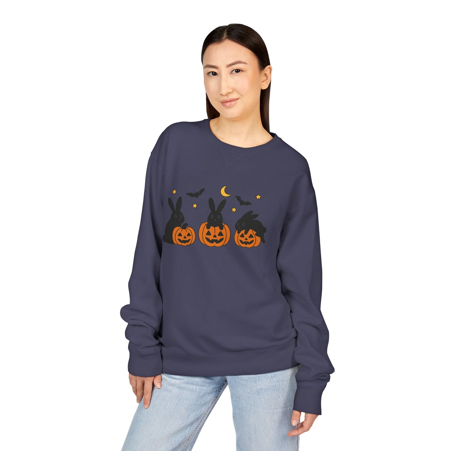 Pumpkin Patch Bunnies Halloween Sweatshirt – Rabbit & Jack-o’-Lantern Crewneck | Cozy Fall Fashion Unisex Apparel - Spooky Season Gift