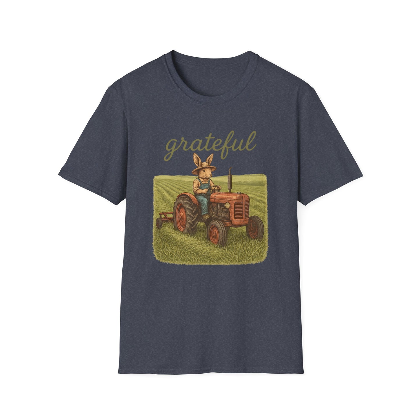 Grateful Acres Tractor Bunny Tee - Unisex Softstyle T-Shirt - Country Apparel - Farm Life Tee - Gift for Farmers & Rabbit Owners