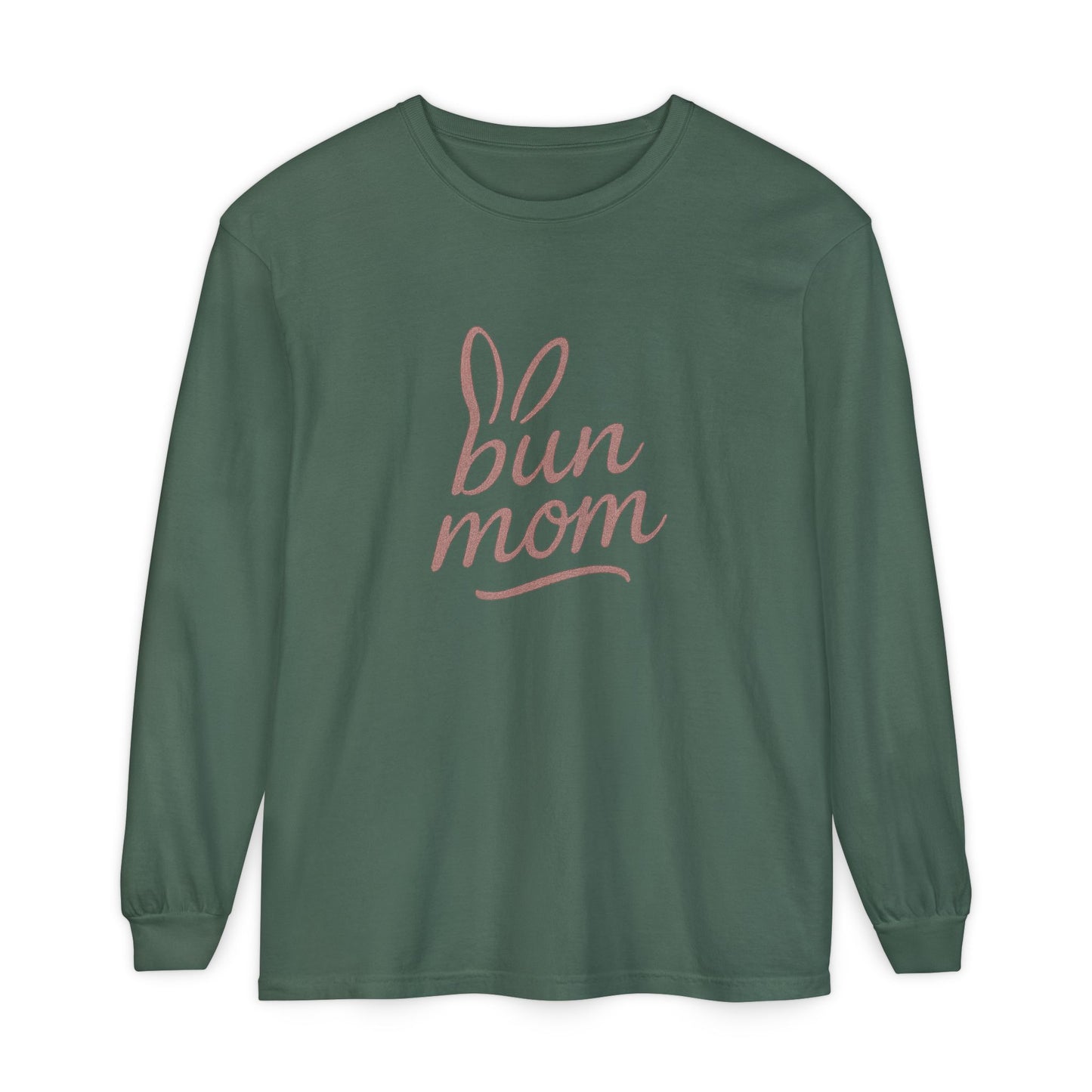 Bun Mom Long Sleeve T-Shirt | Rabbit Ears Vintage Dusty Rose Ink Script Tee - Bunny Lovers Gift Idea