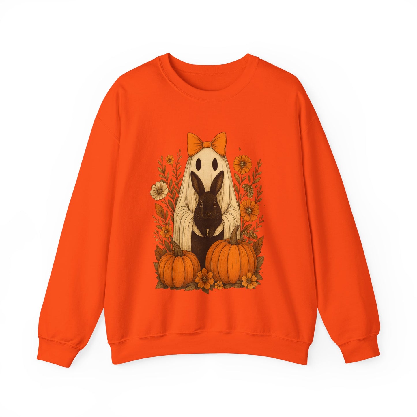 Vintage Black Rabbit with Pumpkins & Florals - Ghostly Garden Bunny Halloween Sweatshirt – Autumn Ghost Crewneck - Cozy Cute Gift