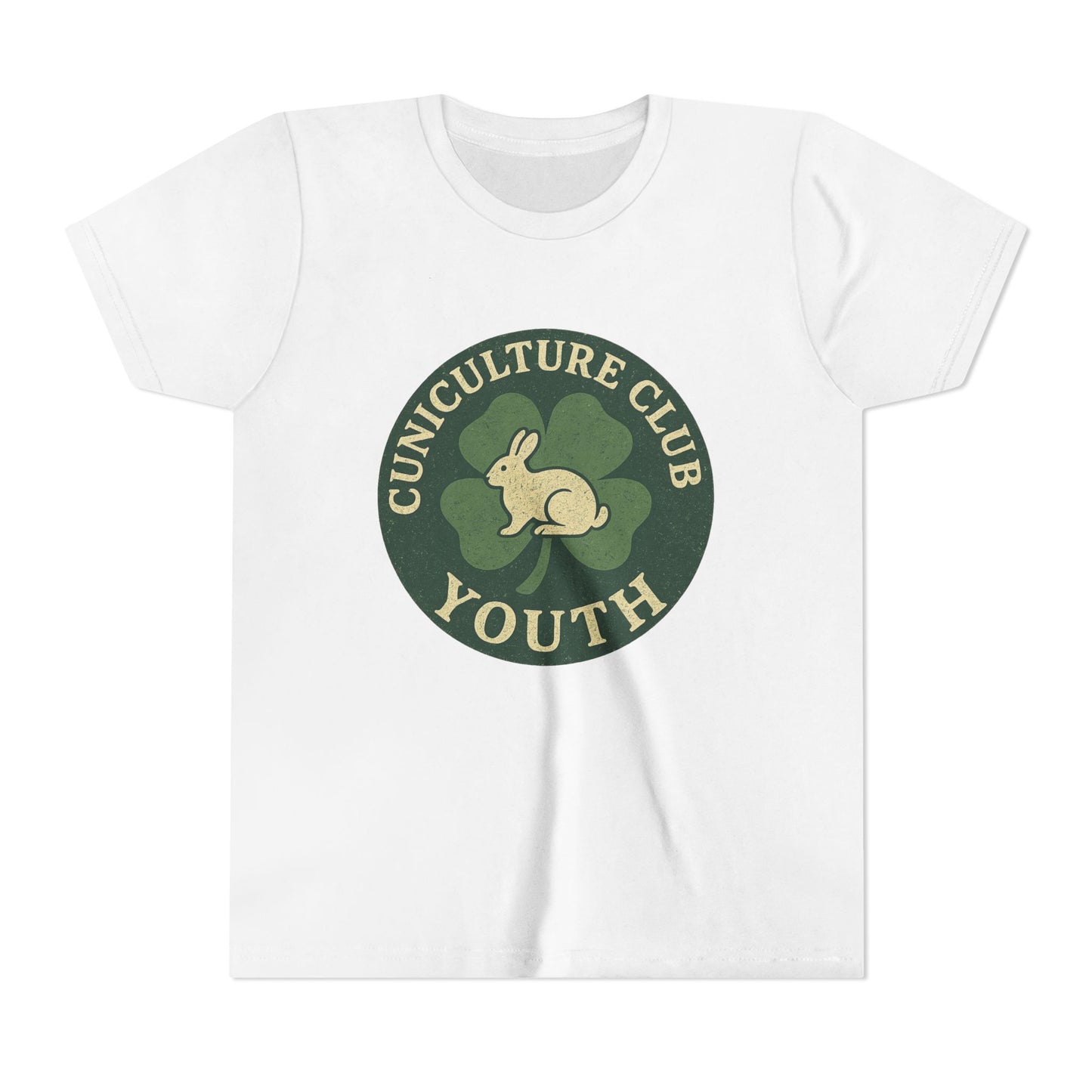 Cuniculture Club Youth Unisex T-Shirt – Distressed Clover & Bunny Emblem Tee - Fun Farm Kids Rabbit Club Shirt