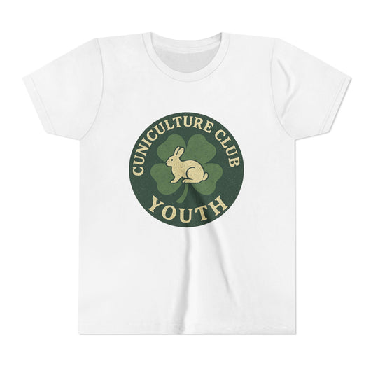 Cuniculture Club Youth Unisex T-Shirt – Distressed Clover & Bunny Emblem Tee - Fun Farm Kids Rabbit Club Shirt