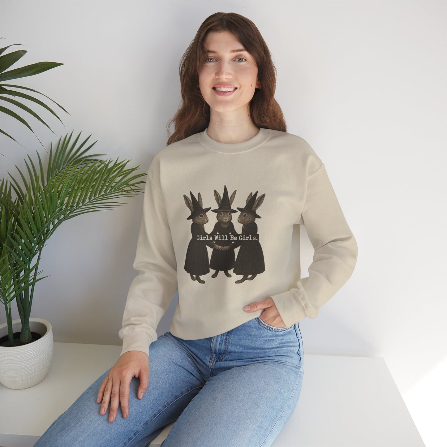 Girls Will Be Girls Witchy Rabbit Sweatshirt | Whimsical Bunny Witch Sisterhood Crewneck - Halloween & Fall Collection