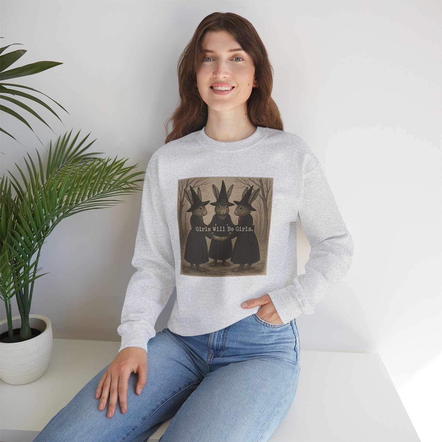 Girls Will Be Girls – Witchy Rabbit Crewneck Sweatshirt | Cozy Whimsical Rabbit Sweatshirt for Girls & Women - Halloween & Fall Collection