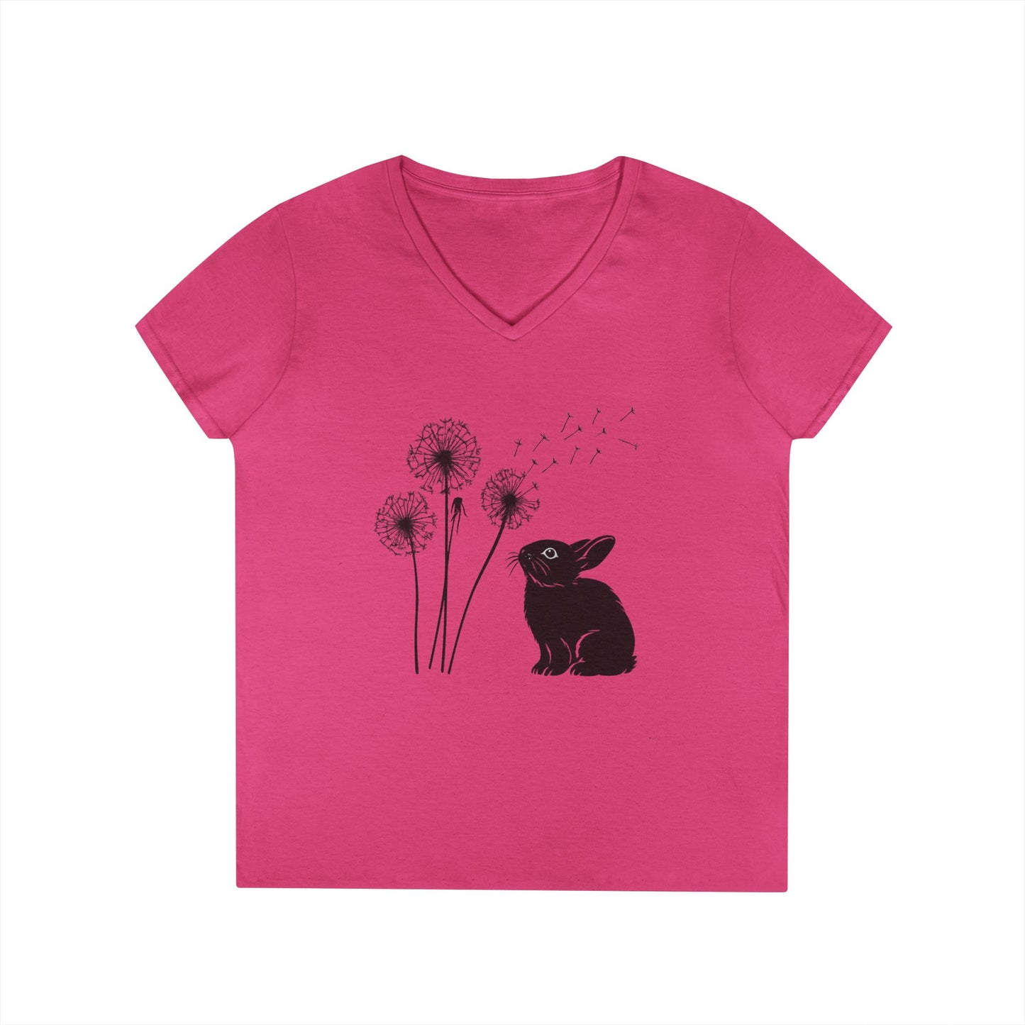 Wishful Whiskers Bunny & Dandelion V-Neck Tee – Cuniculture Club Original Whimsical Rabbit Shirt - Floral Dandelion Fashion - Nature Lover Gift