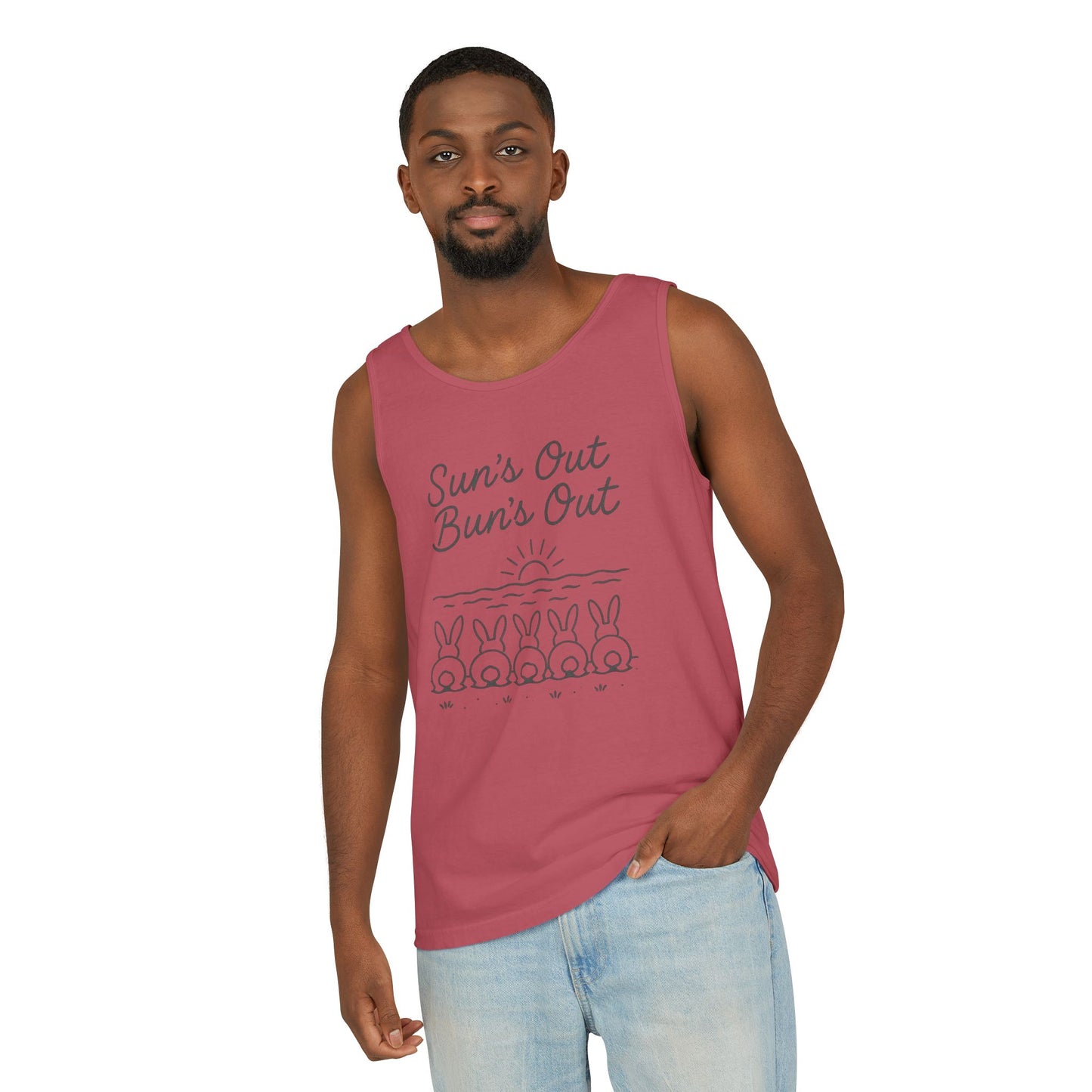 Sun's Out, Bun’s Out Tank Top – Funny Bunny Bums Summer Tee - Unisex Garment-Dyed | Beach Vibes - Vacation Apparel