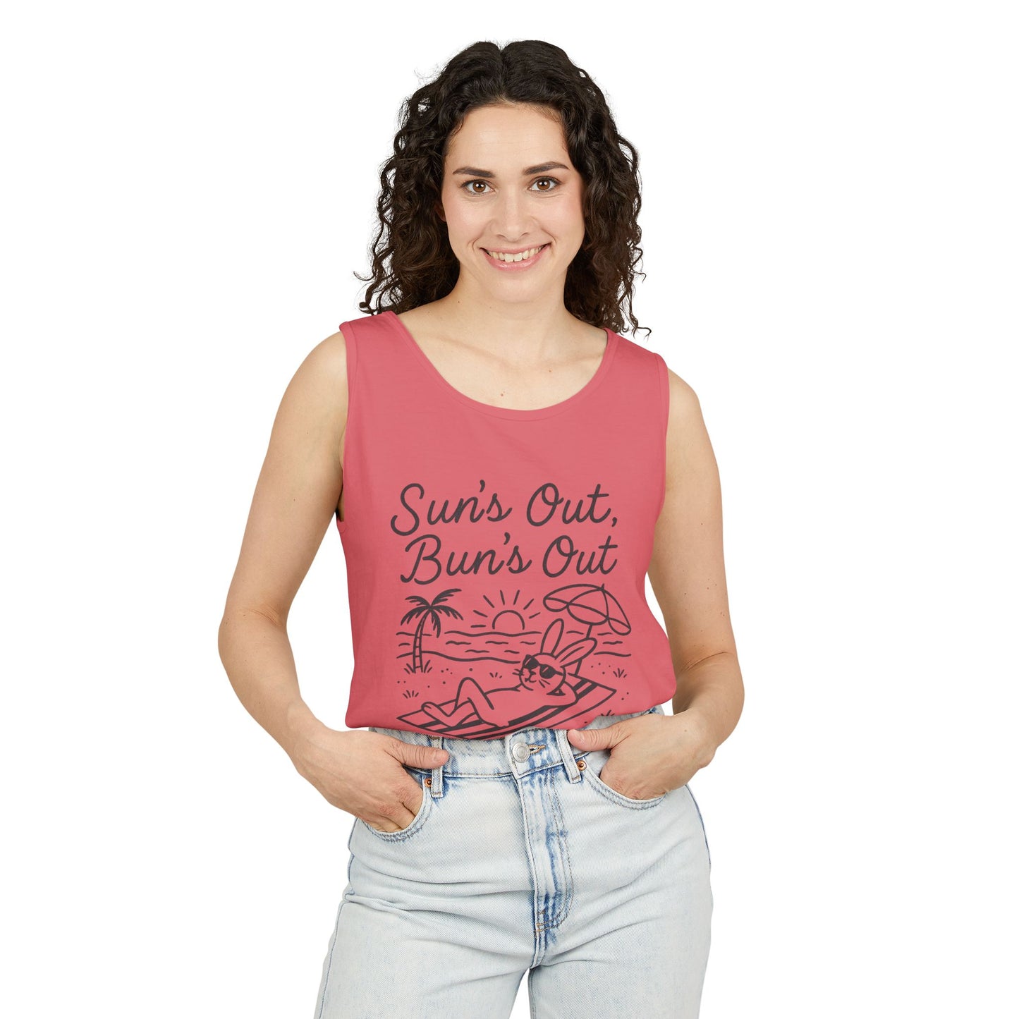 Sun’s Out, Bun’s Out Chill Beach Bunny Tank Top - Unisex Garment-Dyed Tee | Summer Rabbit Vibes - Beach Wear - Vacation Apparel