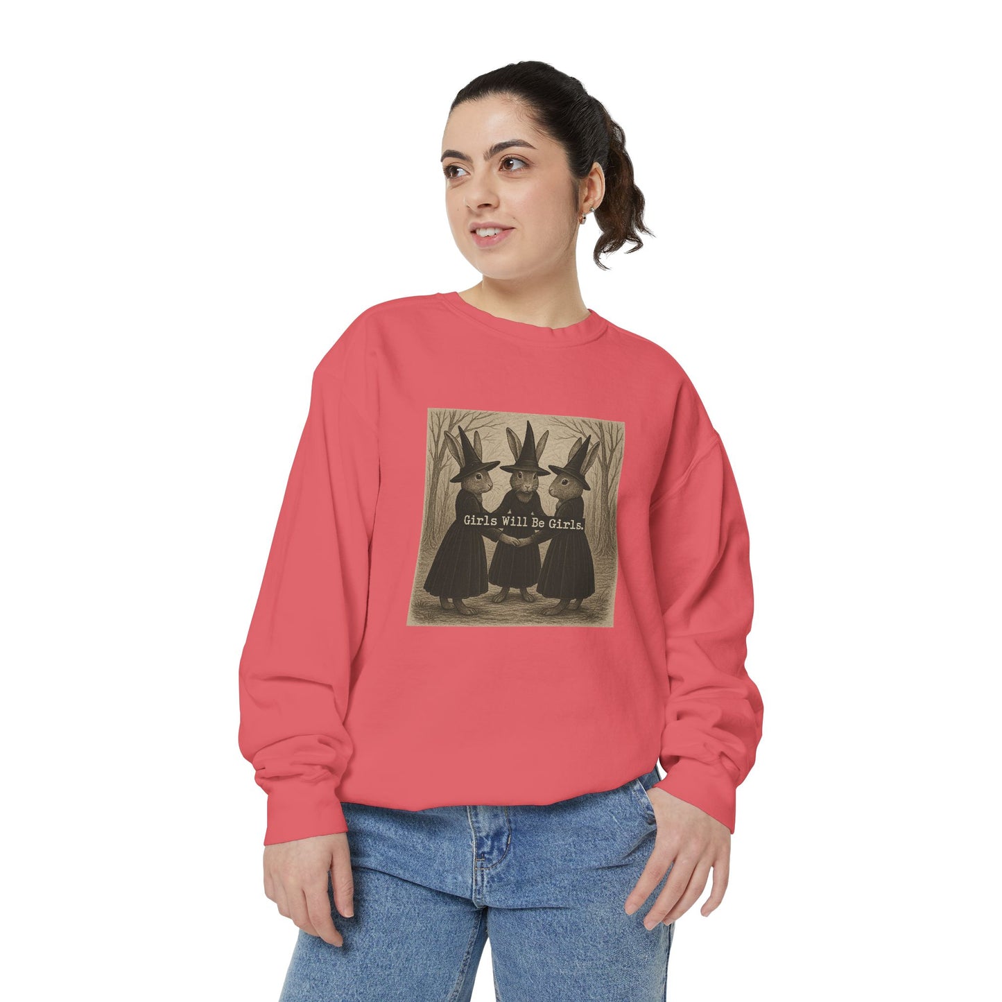 Girls Will Be Girls Rabbit Witch Circle – Garment-Dyed Bunny Sweatshirt | Halloween & Fall Collection