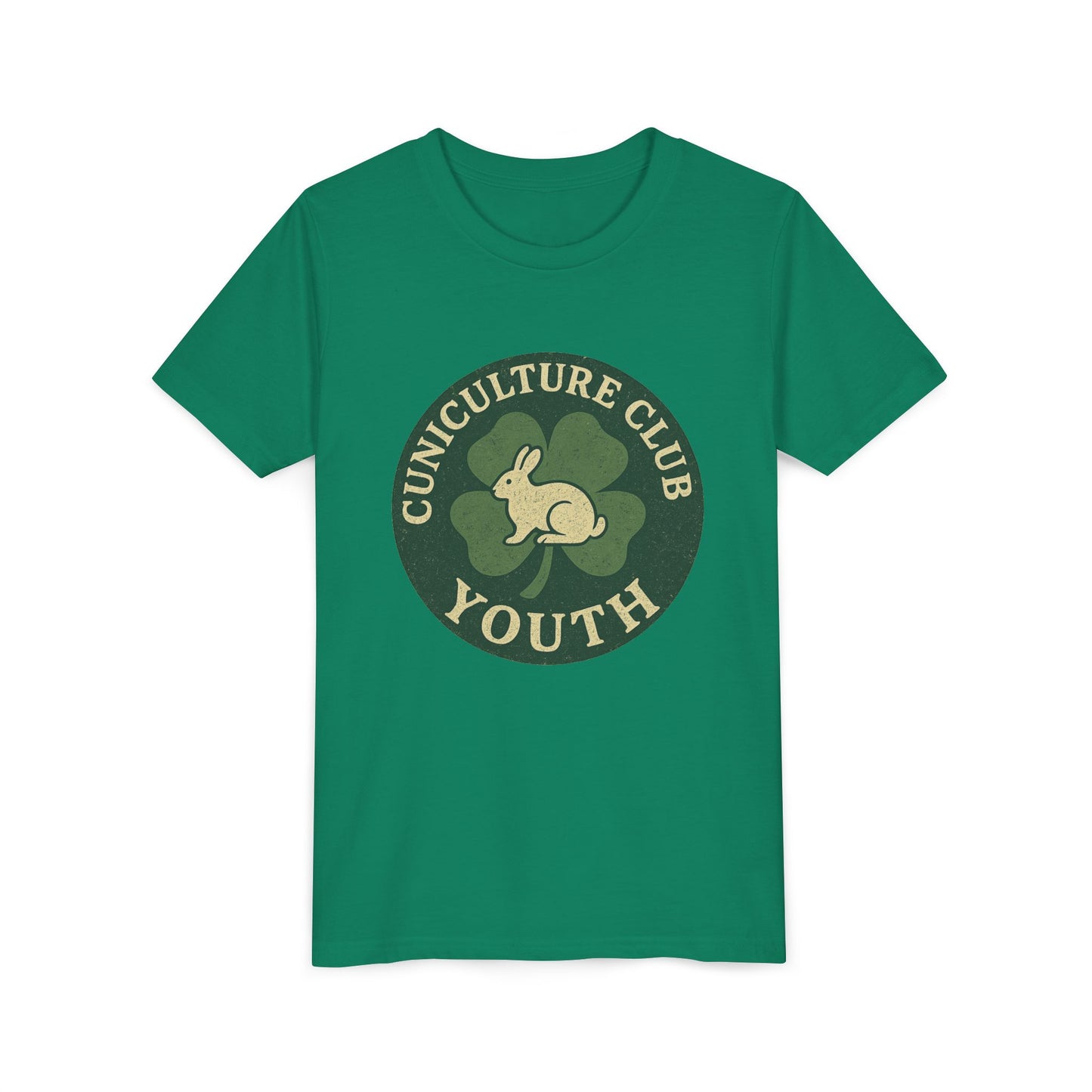 Cuniculture Club Youth Unisex T-Shirt – Distressed Clover & Bunny Emblem Tee - Fun Farm Kids Rabbit Club Shirt