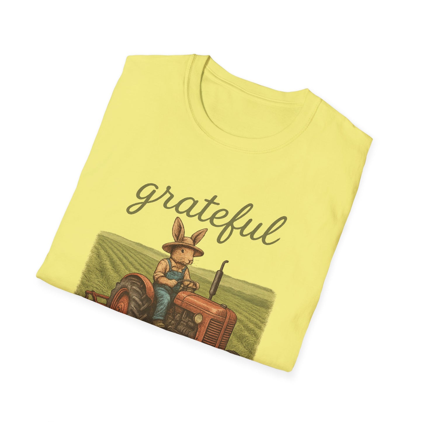 Grateful Acres Tractor Bunny Tee - Unisex Softstyle T-Shirt - Country Apparel - Farm Life Tee - Gift for Farmers & Rabbit Owners