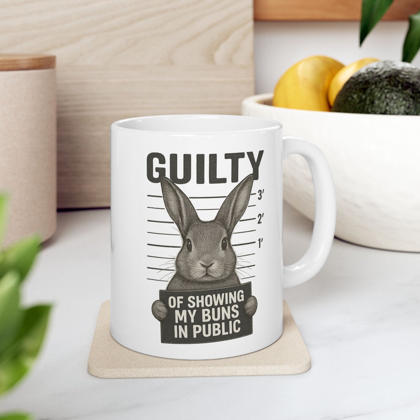 Guilty of Showing My Buns in Public with White Background Ceramic Mug - Gift for Coffee Lovers & Rabbit Show Exhibitors - Two Sizes: 11 oz & 15 oz