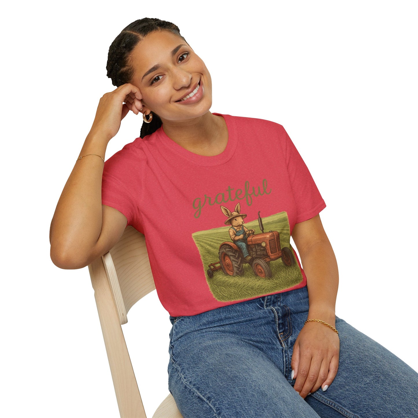 Grateful Acres Tractor Bunny Tee - Unisex Softstyle T-Shirt - Country Apparel - Farm Life Tee - Gift for Farmers & Rabbit Owners