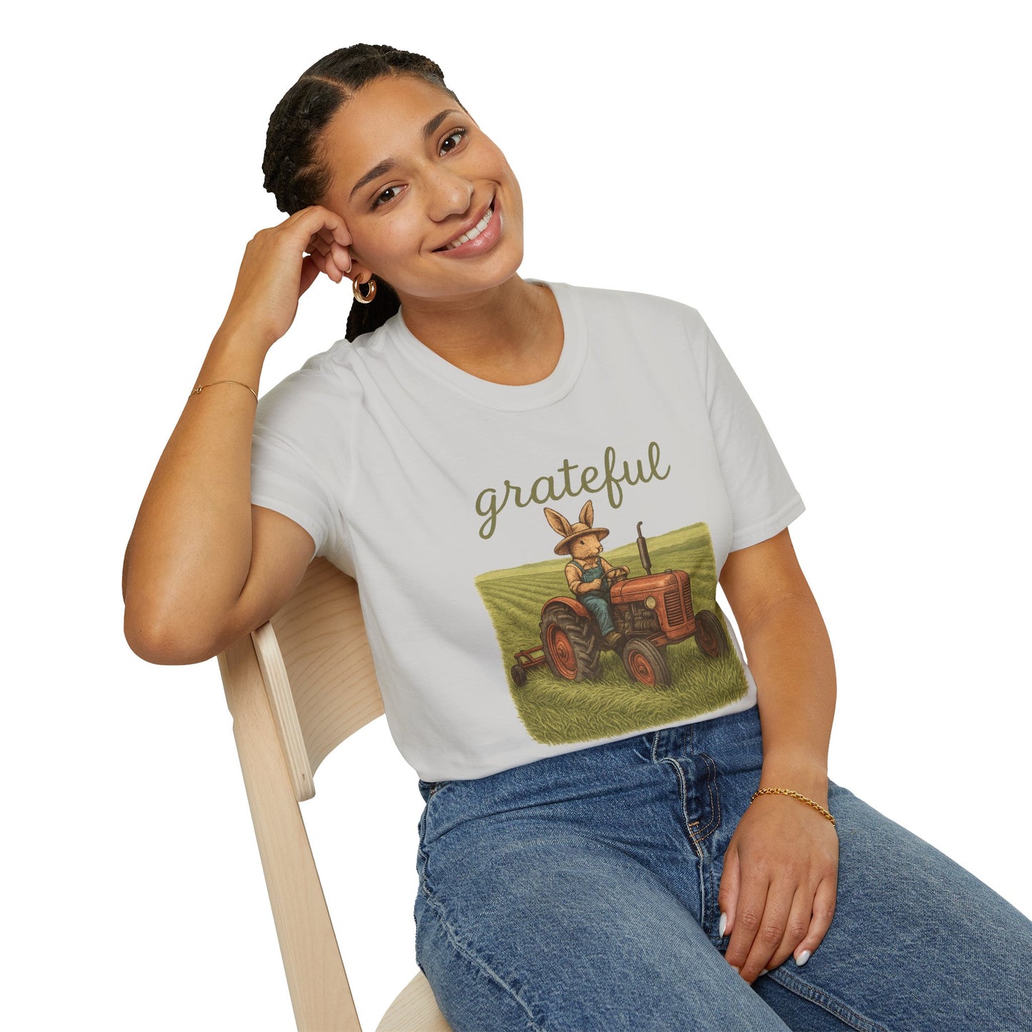 Grateful Acres Tractor Bunny Tee - Unisex Softstyle T-Shirt - Country Apparel - Farm Life Tee - Gift for Farmers & Rabbit Owners