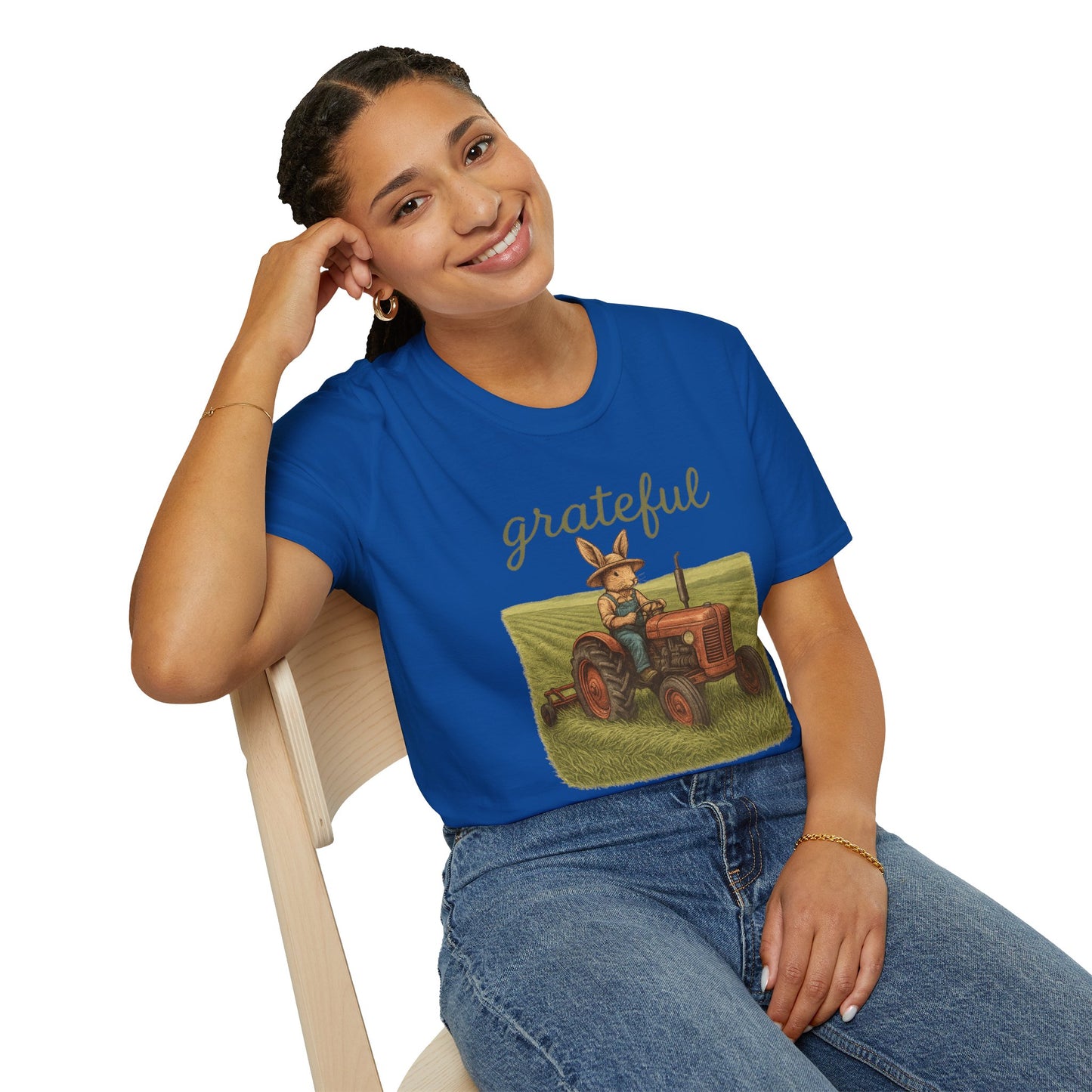Grateful Acres Tractor Bunny Tee - Unisex Softstyle T-Shirt - Country Apparel - Farm Life Tee - Gift for Farmers & Rabbit Owners