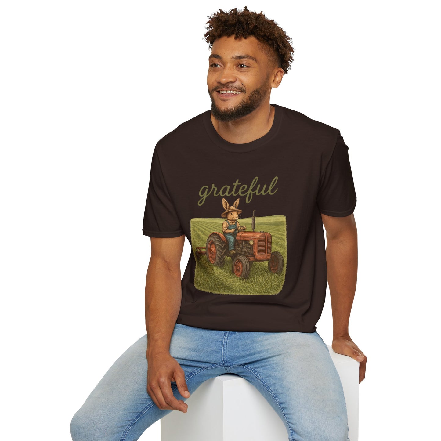 Grateful Acres Tractor Bunny Tee - Unisex Softstyle T-Shirt - Country Apparel - Farm Life Tee - Gift for Farmers & Rabbit Owners