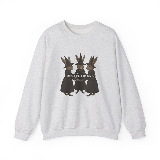Girls Will Be Girls Witchy Rabbit Sweatshirt | Whimsical Bunny Witch Sisterhood Crewneck - Halloween & Fall Collection