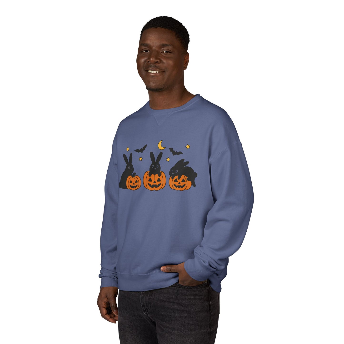 Pumpkin Patch Bunnies Halloween Sweatshirt – Rabbit & Jack-o’-Lantern Crewneck | Cozy Fall Fashion Unisex Apparel - Spooky Season Gift