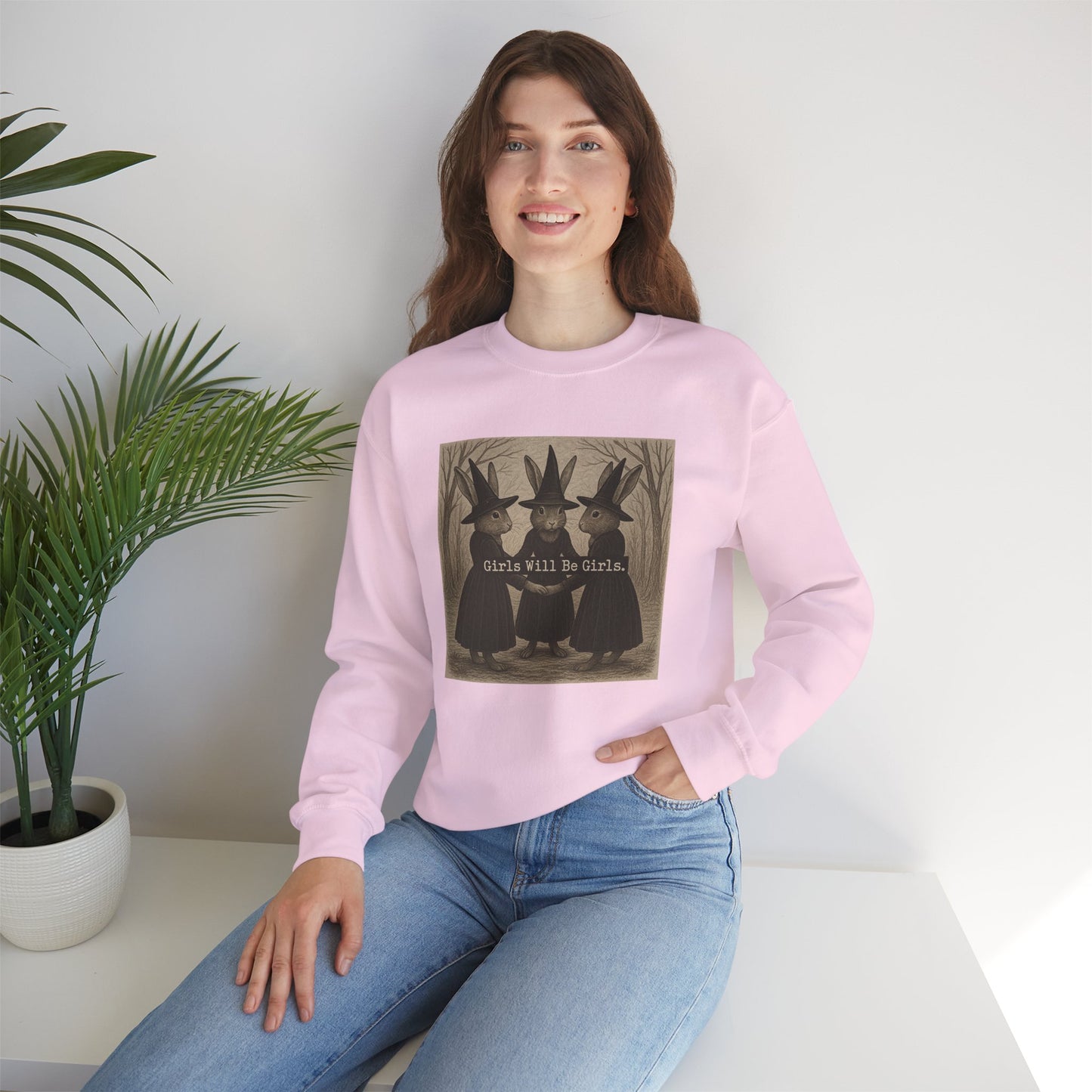 Girls Will Be Girls – Witchy Rabbit Crewneck Sweatshirt | Cozy Whimsical Rabbit Sweatshirt for Girls & Women - Halloween & Fall Collection
