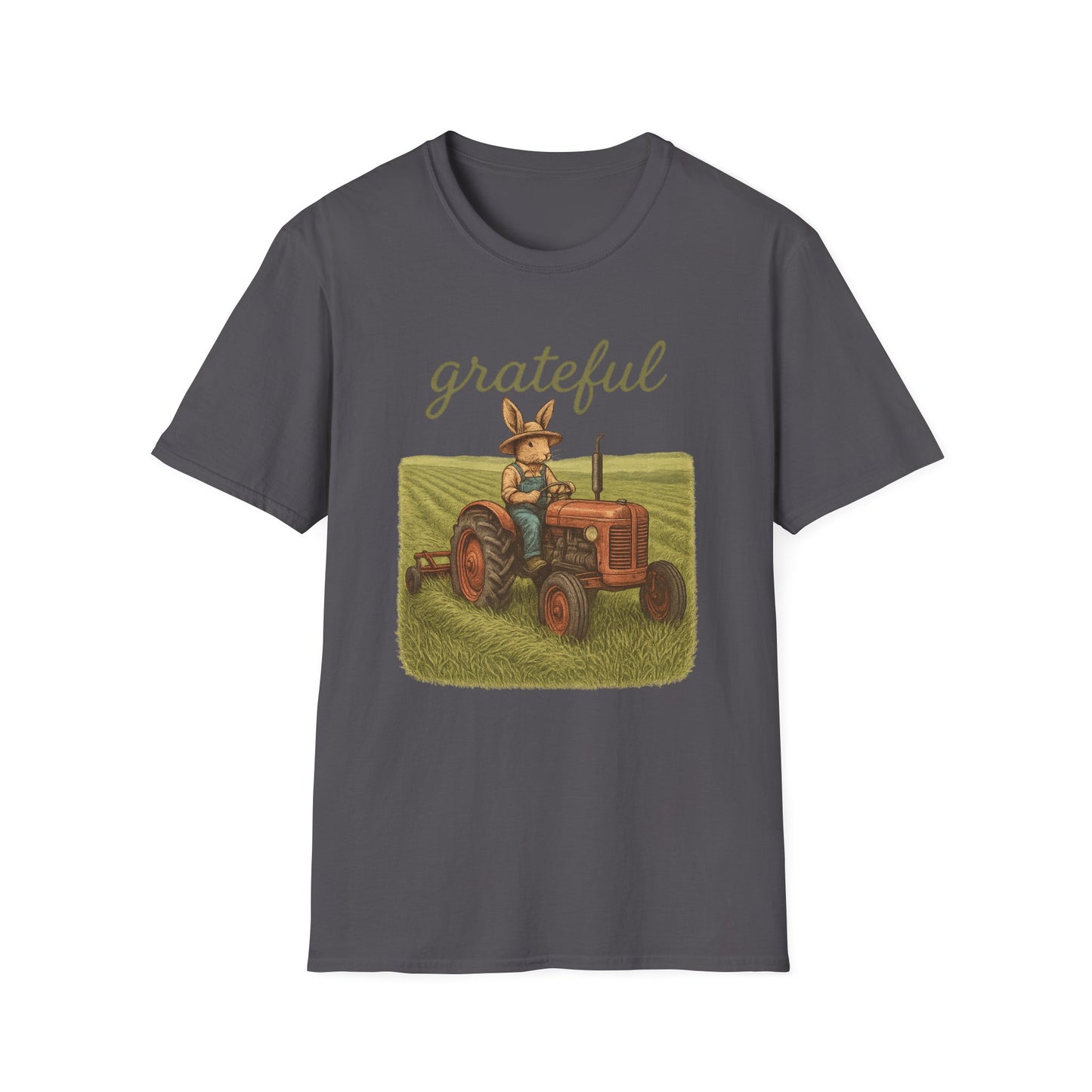 Grateful Acres Tractor Bunny Tee - Unisex Softstyle T-Shirt - Country Apparel - Farm Life Tee - Gift for Farmers & Rabbit Owners
