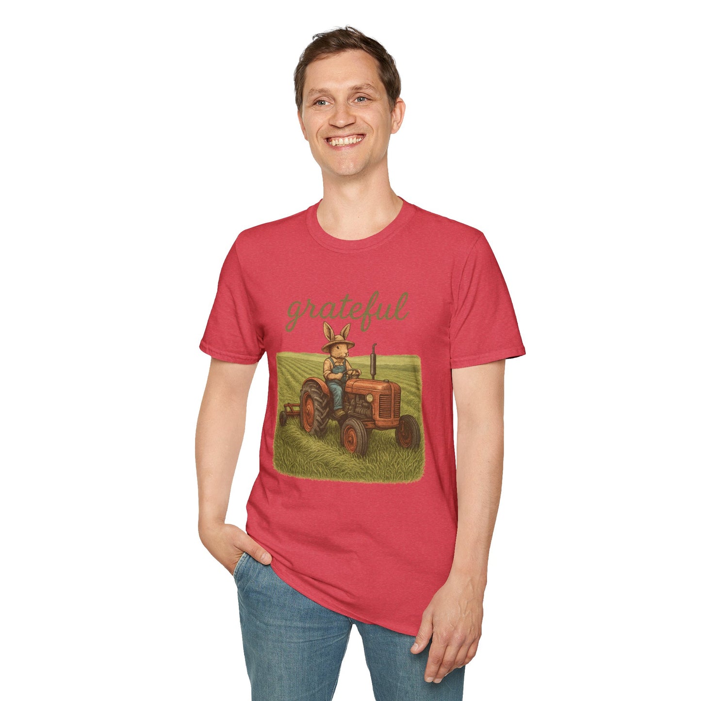 Grateful Acres Tractor Bunny Tee - Unisex Softstyle T-Shirt - Country Apparel - Farm Life Tee - Gift for Farmers & Rabbit Owners
