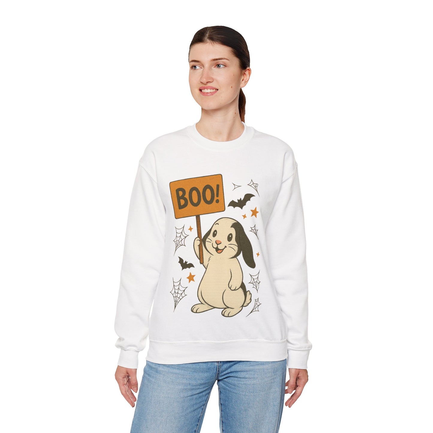 Boo Bunny Halloween Sweatshirt – Cozy Lop-Eared Rabbit & Spooky-Cute Fall Vibes - Unisex Heavy Blend™ Crewneck