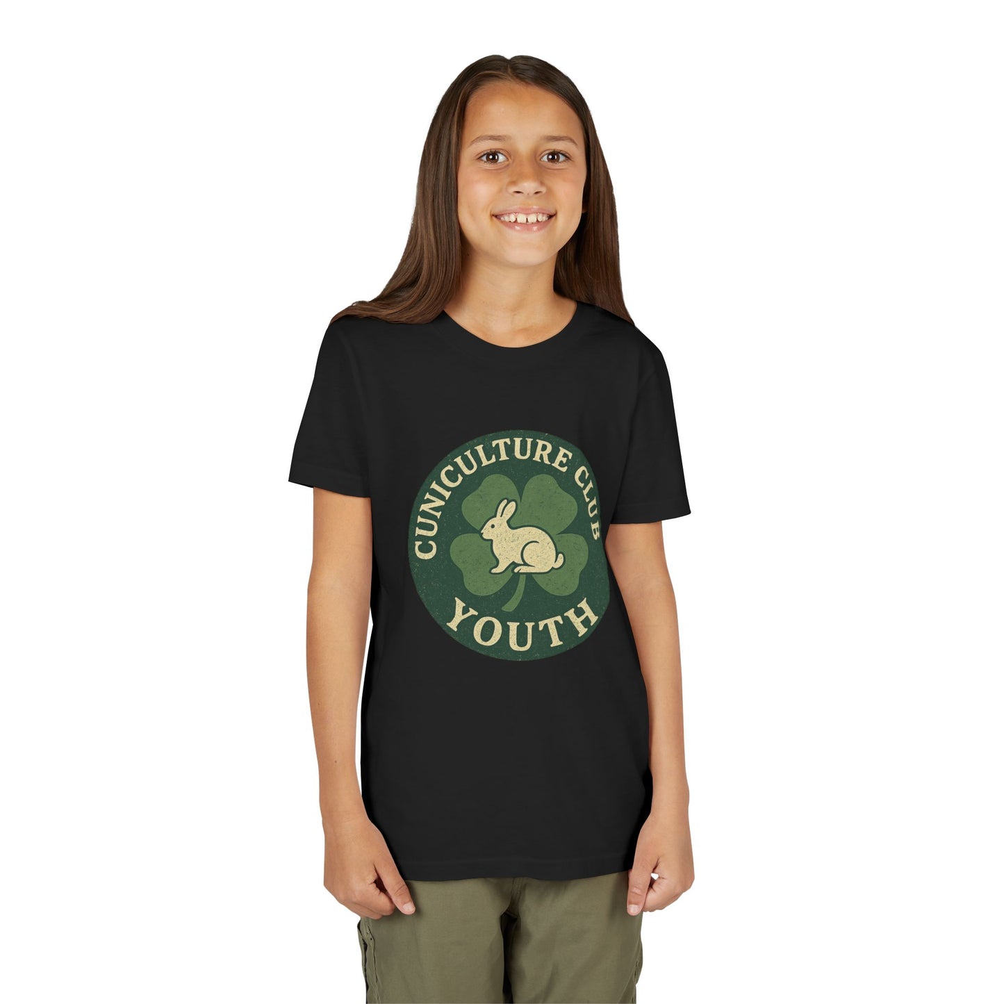 Cuniculture Club Youth Unisex T-Shirt – Distressed Clover & Bunny Emblem Tee - Fun Farm Kids Rabbit Club Shirt