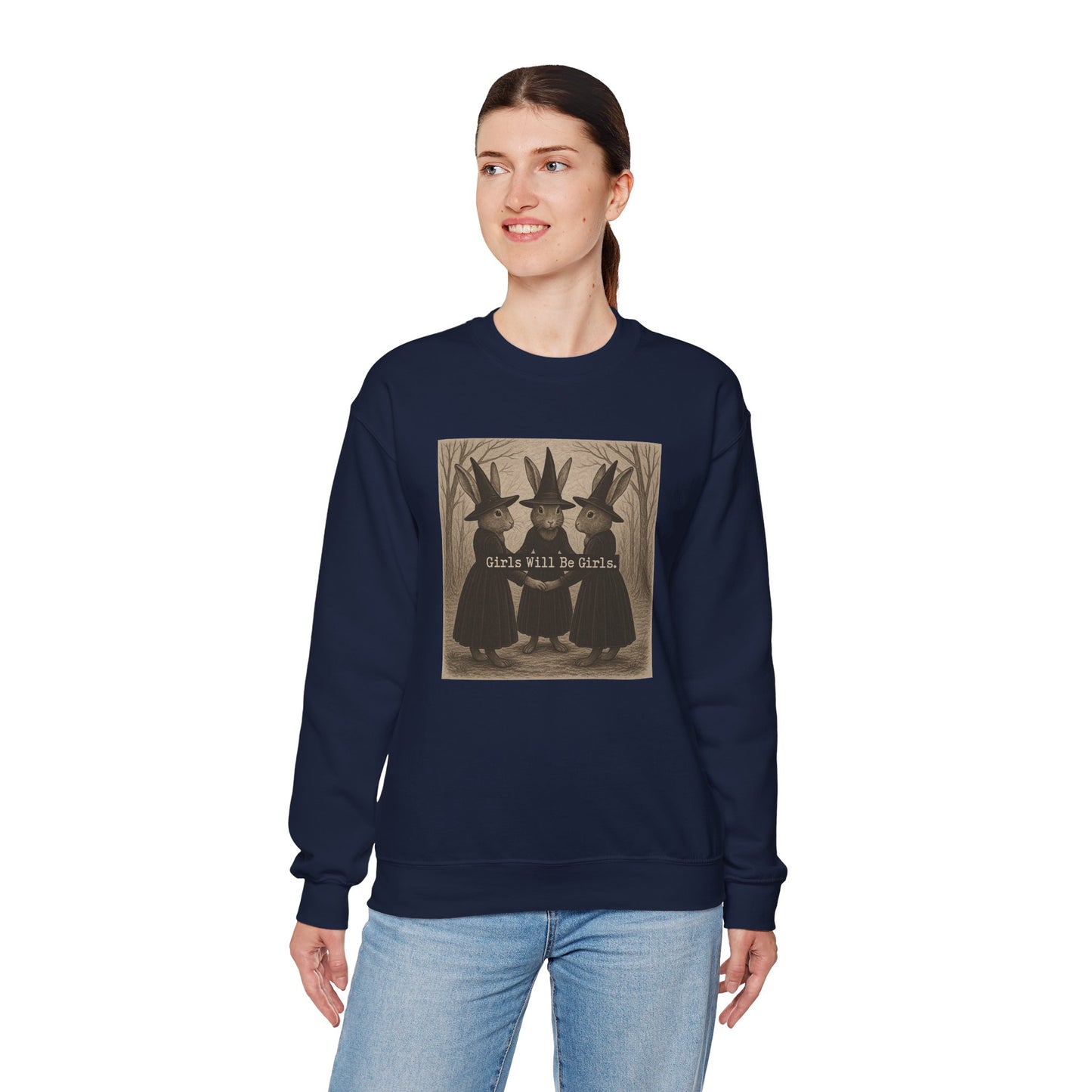 Girls Will Be Girls – Witchy Rabbit Crewneck Sweatshirt | Cozy Whimsical Rabbit Sweatshirt for Girls & Women - Halloween & Fall Collection
