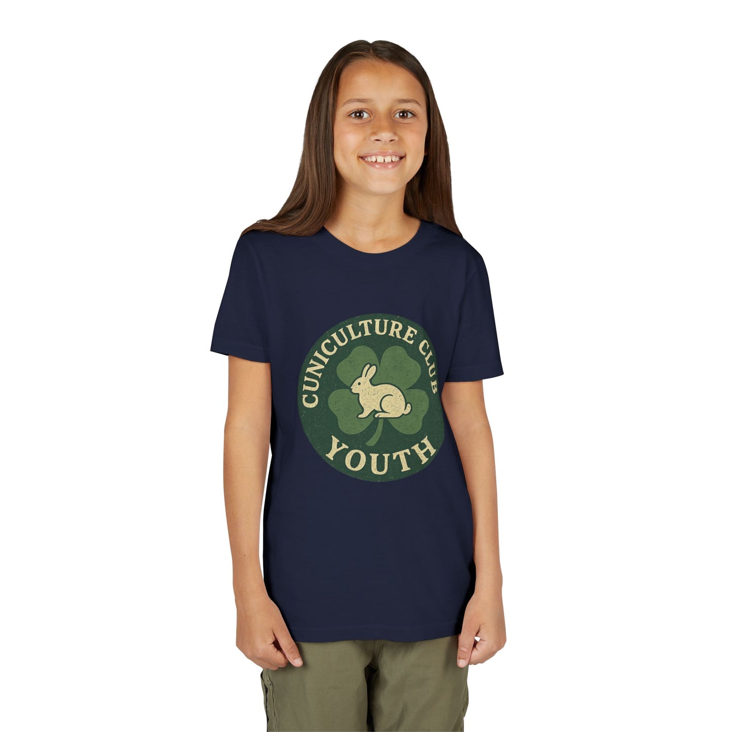 Cuniculture Club Youth Unisex T-Shirt – Distressed Clover & Bunny Emblem Tee - Fun Farm Kids Rabbit Club Shirt