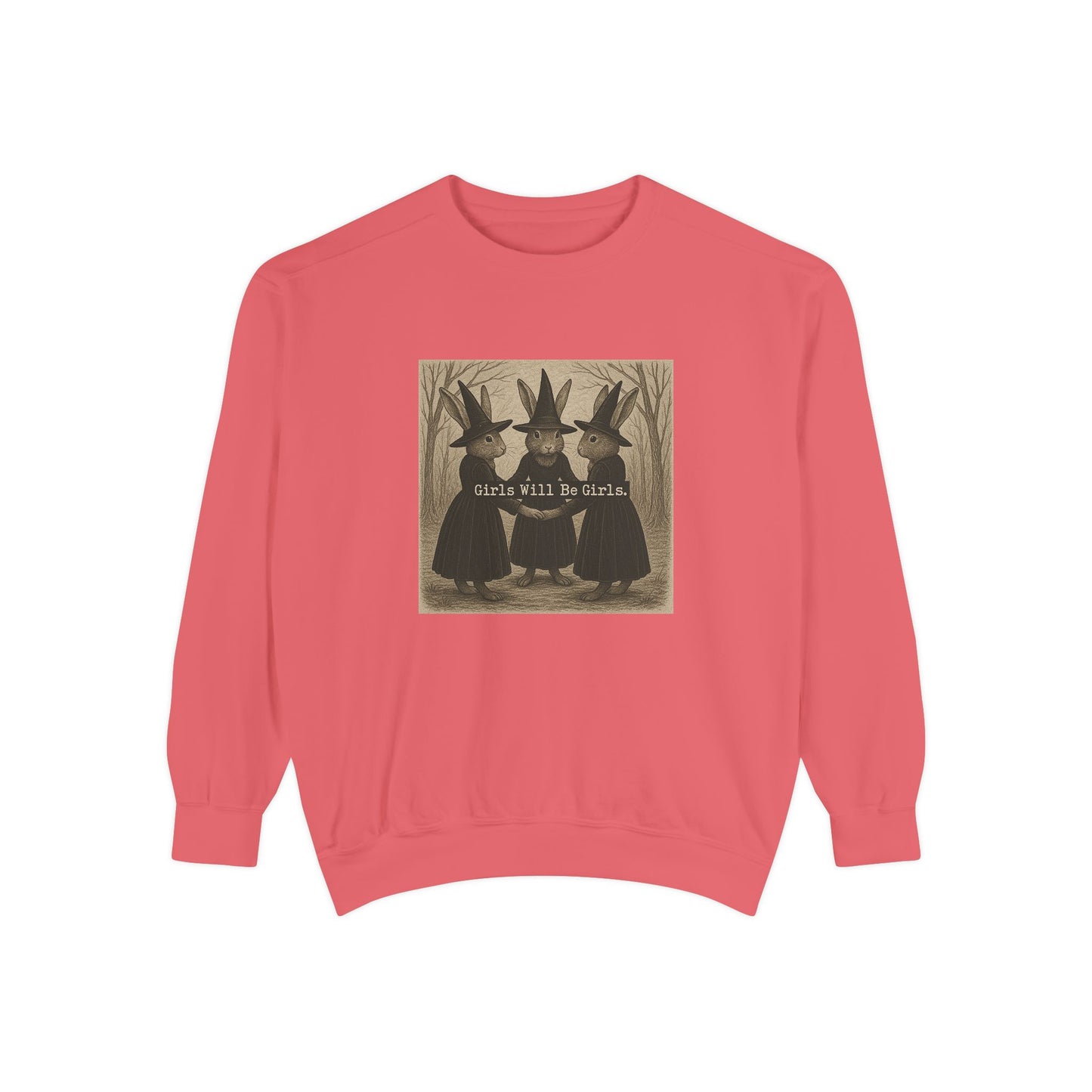 Girls Will Be Girls Rabbit Witch Circle – Garment-Dyed Bunny Sweatshirt | Halloween & Fall Collection