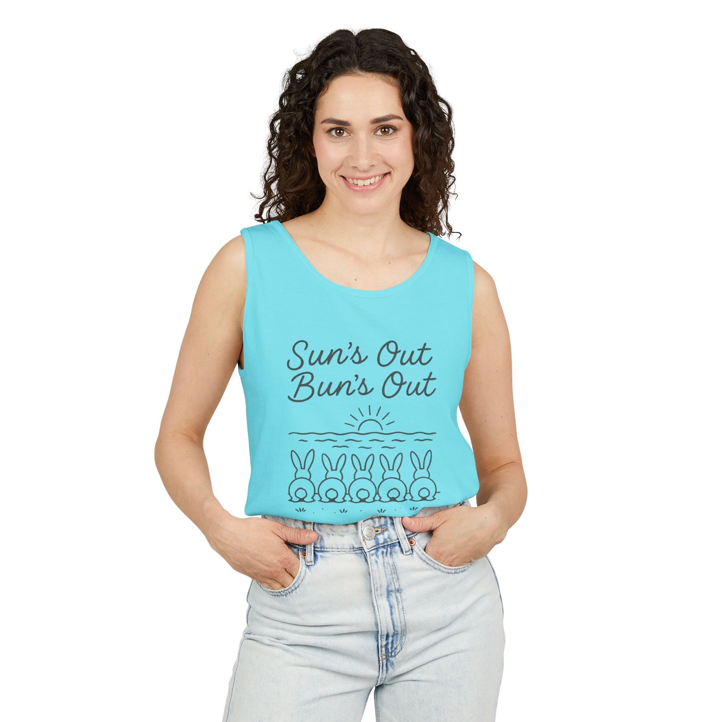 Sun's Out, Bun’s Out Tank Top – Funny Bunny Bums Summer Tee - Unisex Garment-Dyed | Beach Vibes - Vacation Apparel