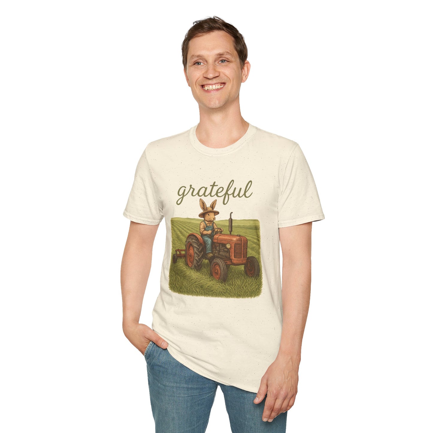 Grateful Acres Tractor Bunny Tee - Unisex Softstyle T-Shirt - Country Apparel - Farm Life Tee - Gift for Farmers & Rabbit Owners